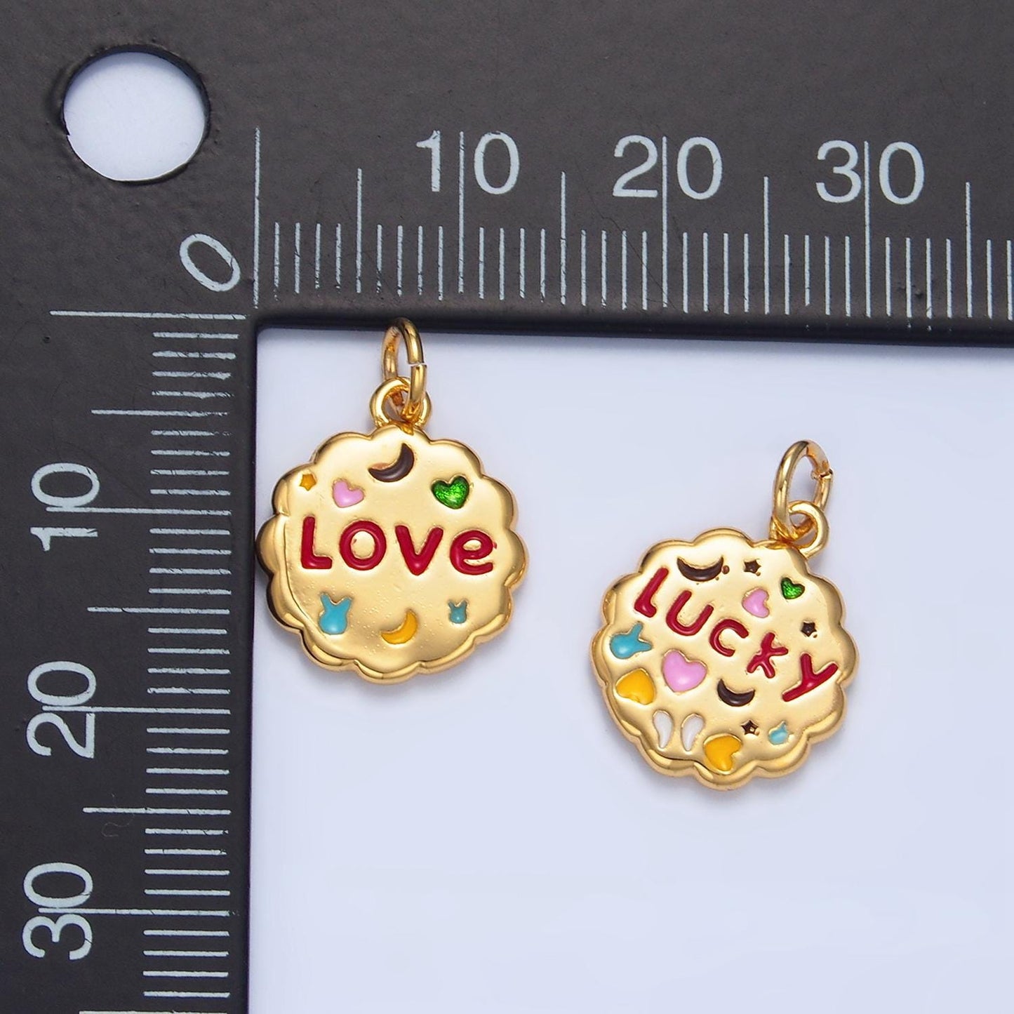 Puffy Round Charm Double Sided Love & Lucky 24K Gold Filled Charm | X-618