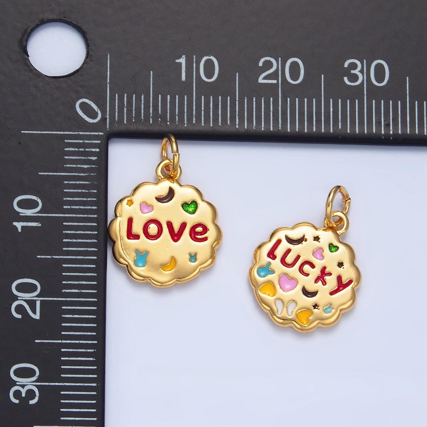 Puffy Round Charm Double Sided Love & Lucky 24K Gold Filled Charm | X-618