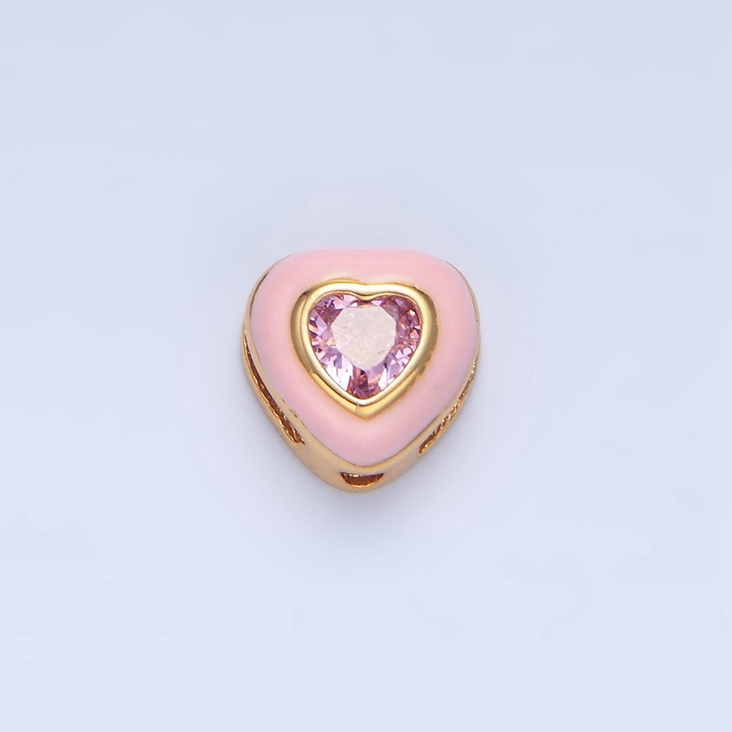 White & Pink Enamel CZ Heart 24K Gold Filled Heart Bead | B-574