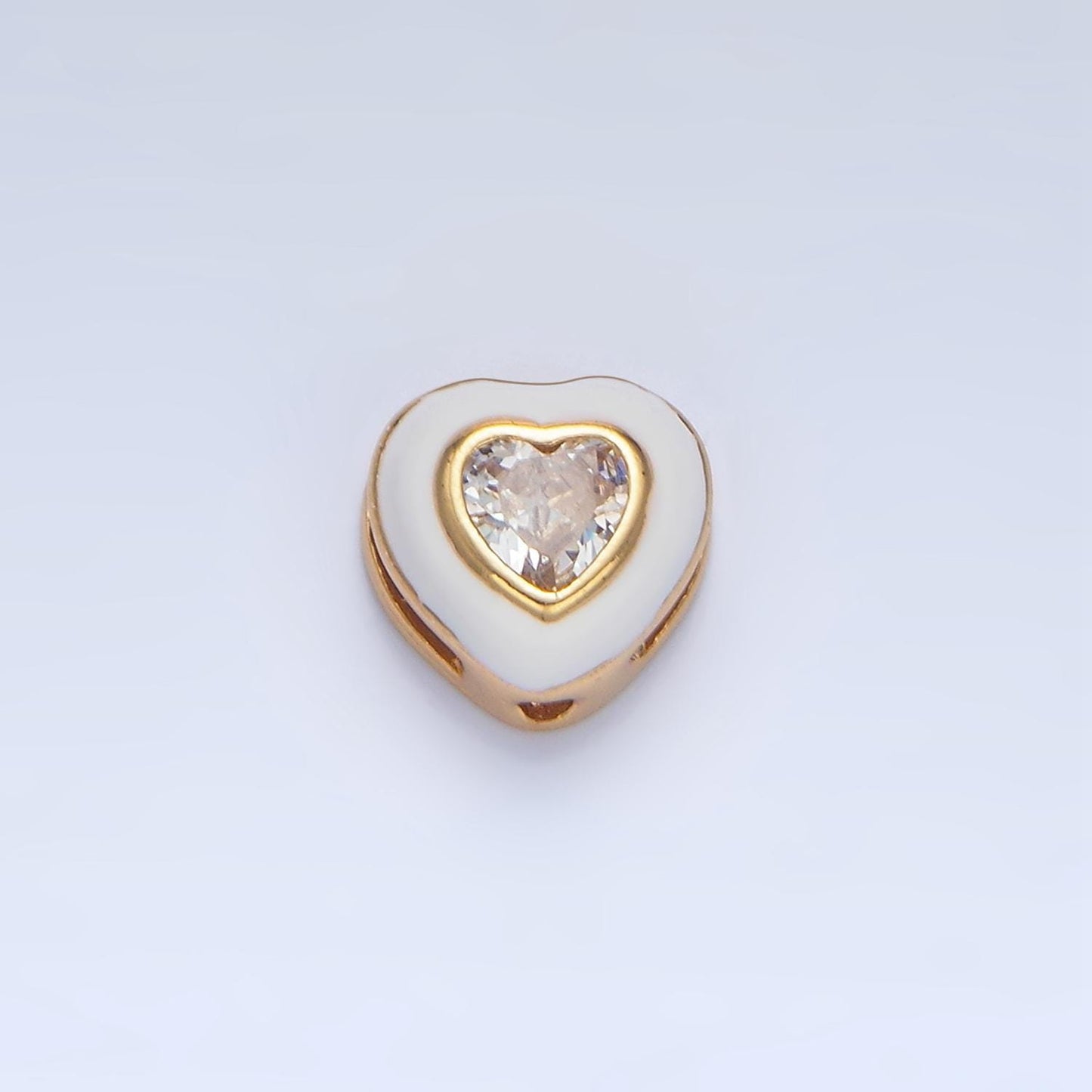 White & Pink Enamel CZ Heart 24K Gold Filled Heart Bead | B-574