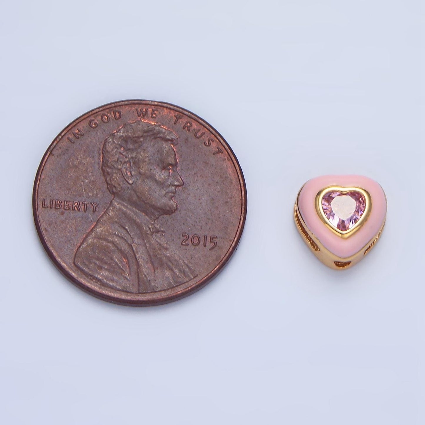 White & Pink Enamel CZ Heart 24K Gold Filled Heart Bead | B-574