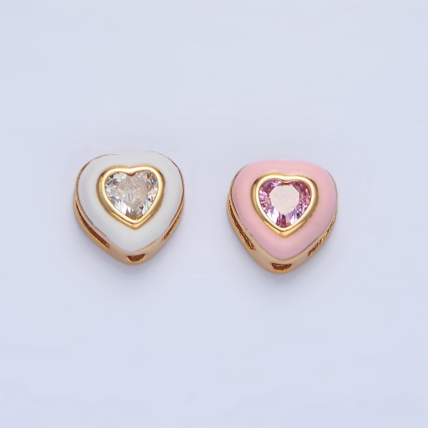 White & Pink Enamel CZ Heart 24K Gold Filled Heart Bead | B-574