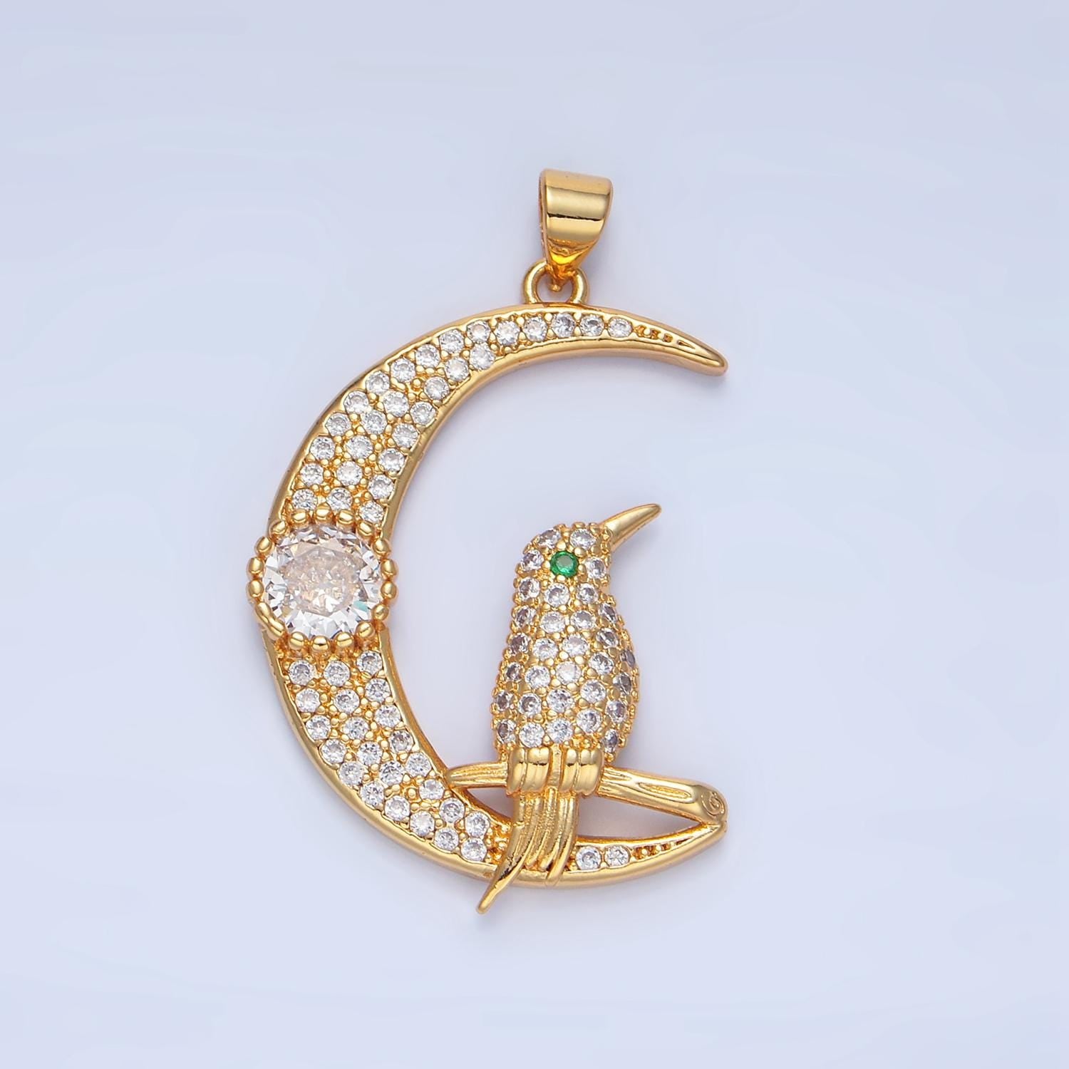 Micro Paved CZ Crescent Moon + Bird 24K Gold Filled Celestial Pendant | AA-786