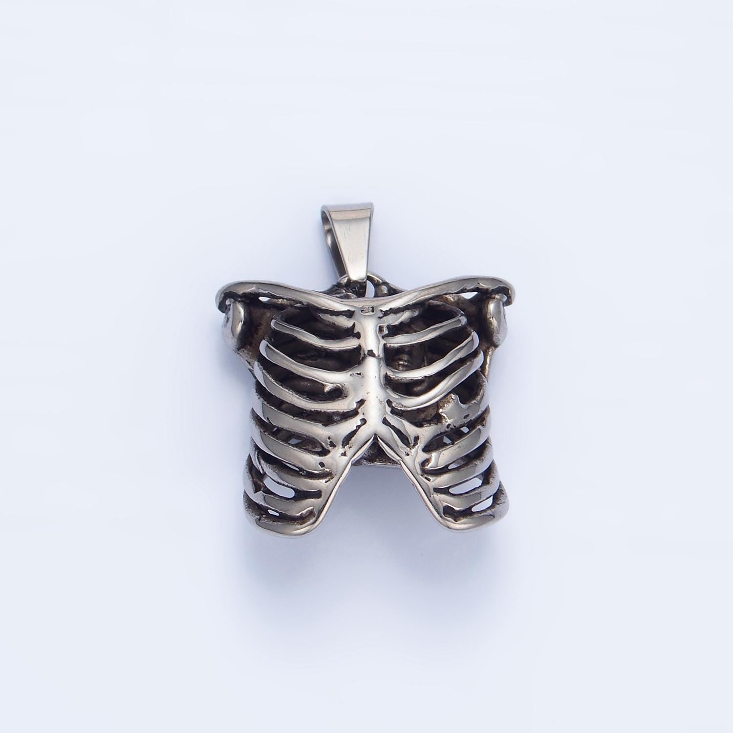 3D Stainless Steel Skull Charm in Silver Torso Bone Pendant Halloween Pendant P1509