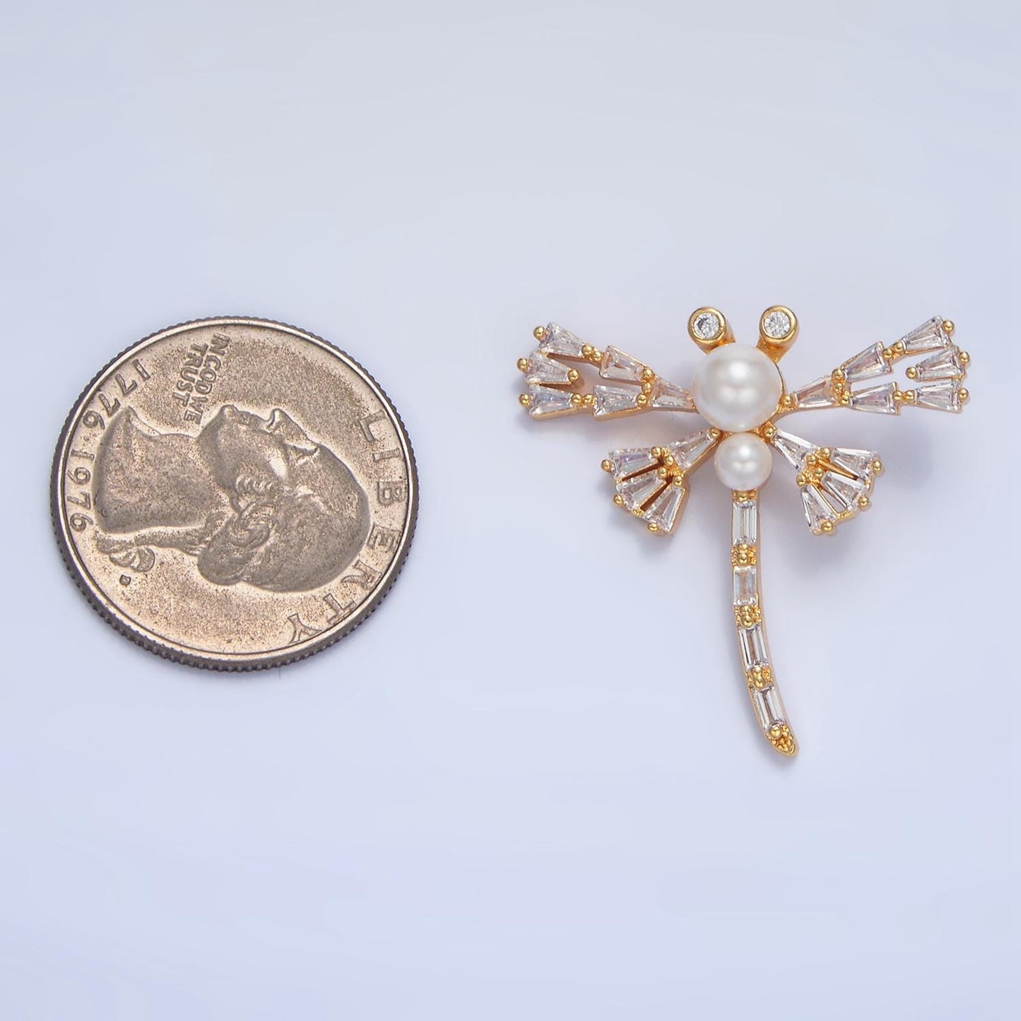 Clear Baguette CZ + Pearl Dragonfly Gold Filled Insect Pendant | AA-951
