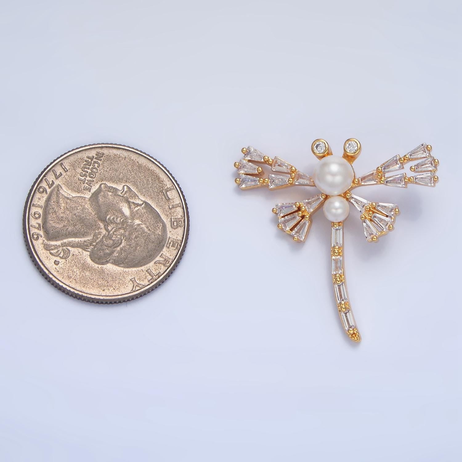 Clear Baguette CZ + Pearl Dragonfly Gold Filled Insect Pendant | AA-951