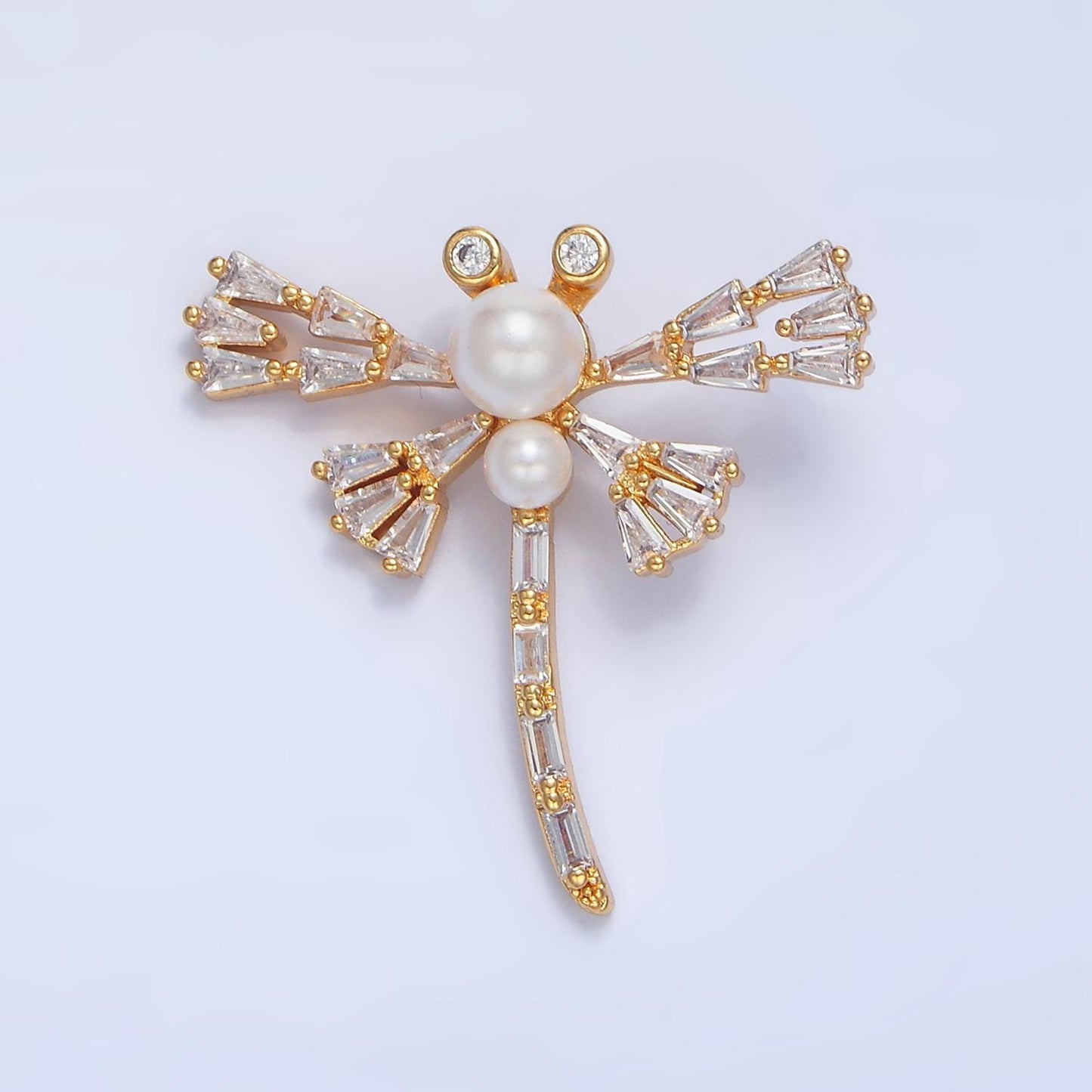 Clear Baguette CZ + Pearl Dragonfly Gold Filled Insect Pendant | AA-951