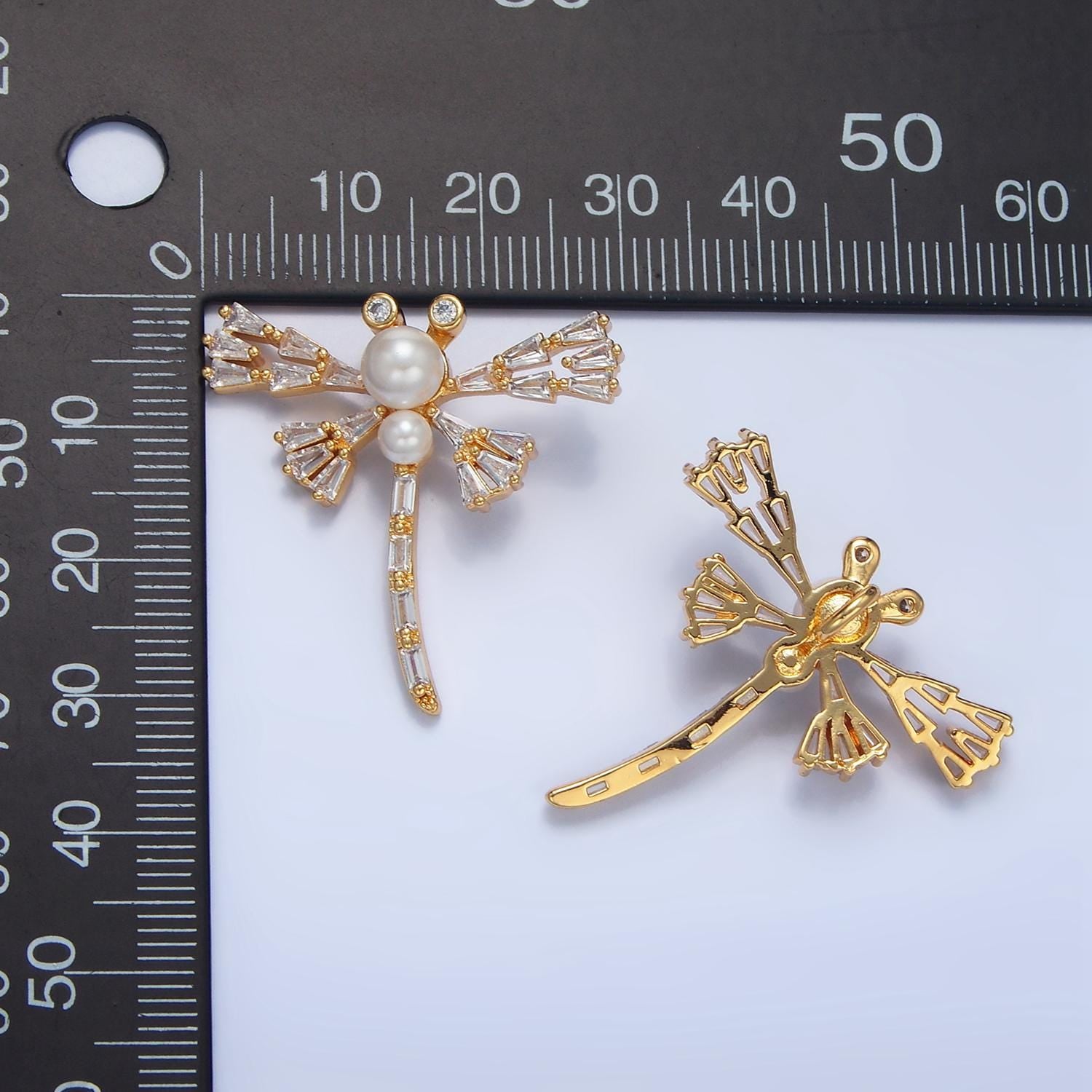 Clear Baguette CZ + Pearl Dragonfly Gold Filled Insect Pendant | AA-951