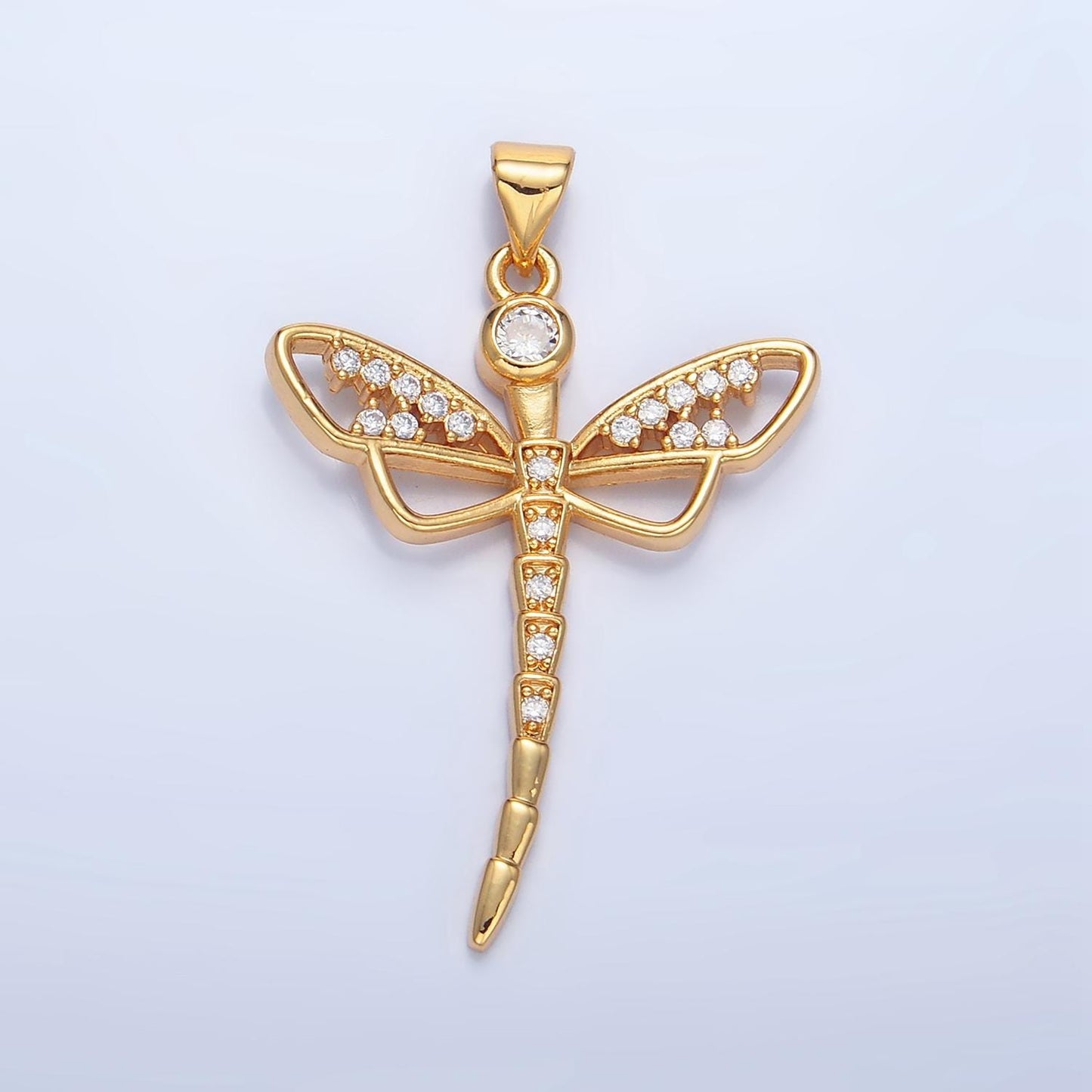 British Dragonfly Clear CZ Paved 24K Gold Filled Insect Pendant | AA-950