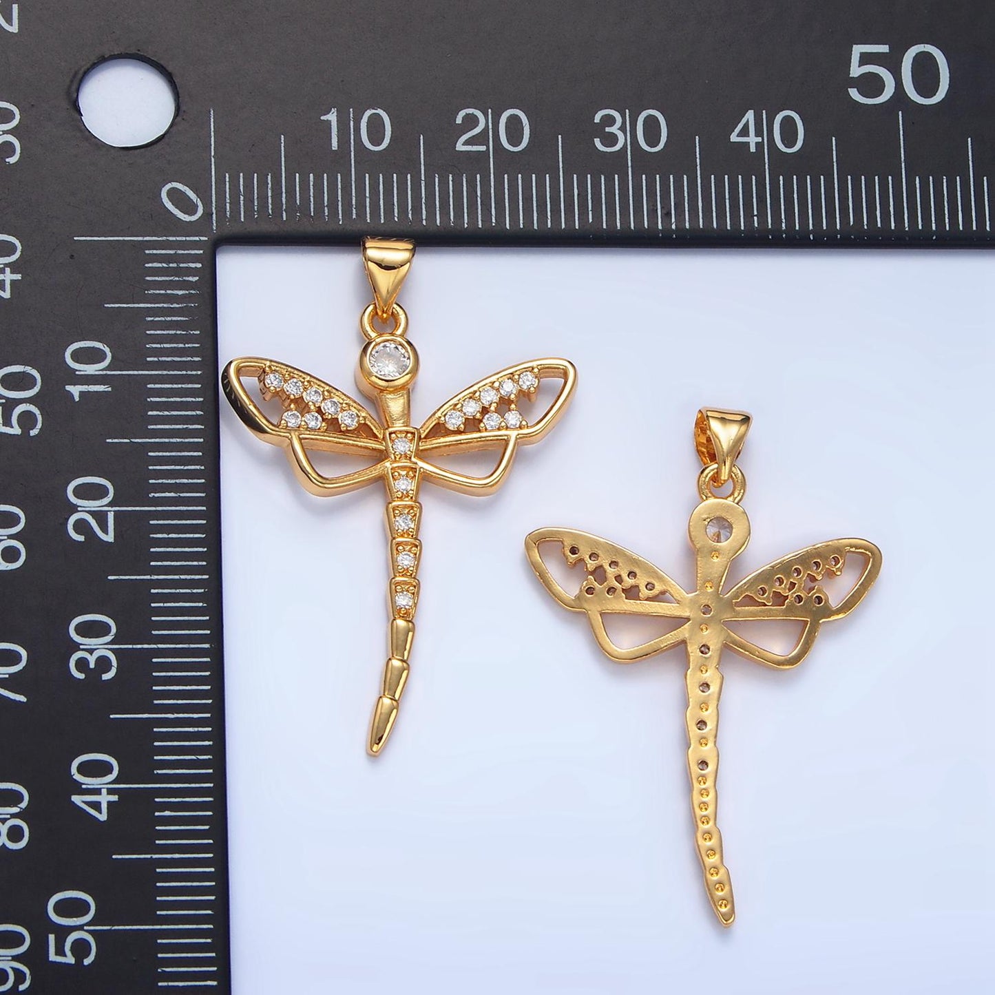 British Dragonfly Clear CZ Paved 24K Gold Filled Insect Pendant | AA-950