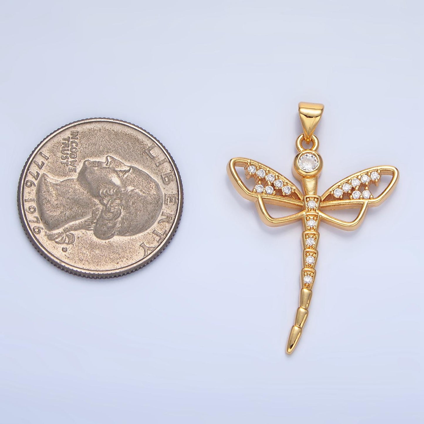 British Dragonfly Clear CZ Paved 24K Gold Filled Insect Pendant | AA-950