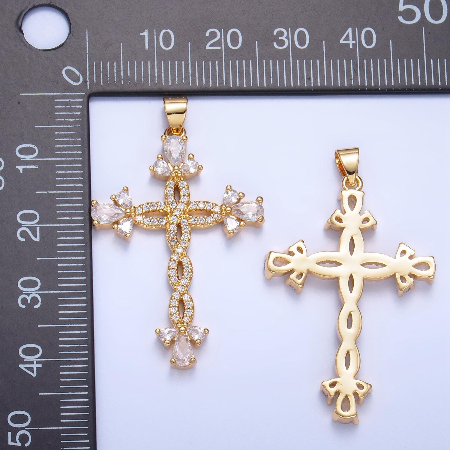 Long Braided CZ Gold Cross Pendant, 24K Gilled Marquise Braided Twist Micro Paved Clear CZ Cross Religious Charm AA984