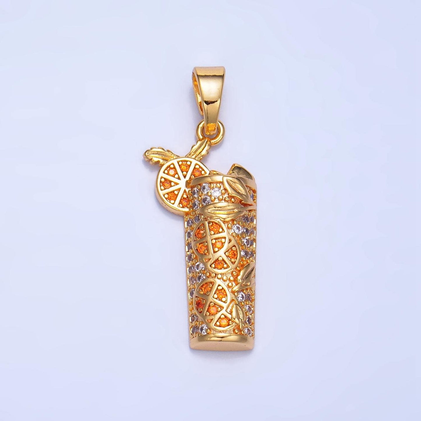 Dainty Gold Orange Juice Charm with Cz Cubic Foodies Drink Glass Micro Pave Pendant Silver Lemon Tea Pendant Drink Charm AA991