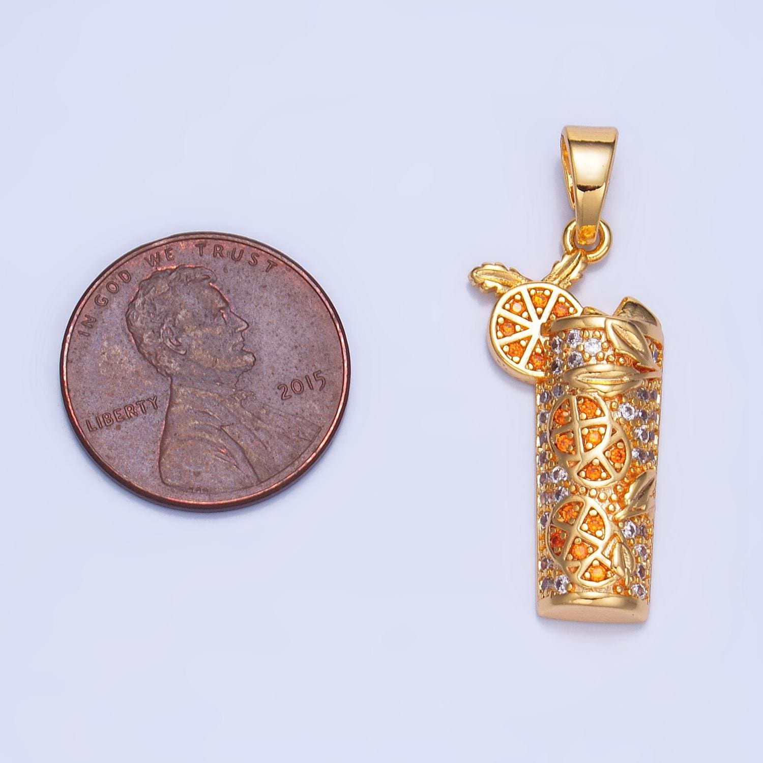 Dainty Gold Orange Juice Charm with Cz Cubic Foodies Drink Glass Micro Pave Pendant Silver Lemon Tea Pendant Drink Charm AA991