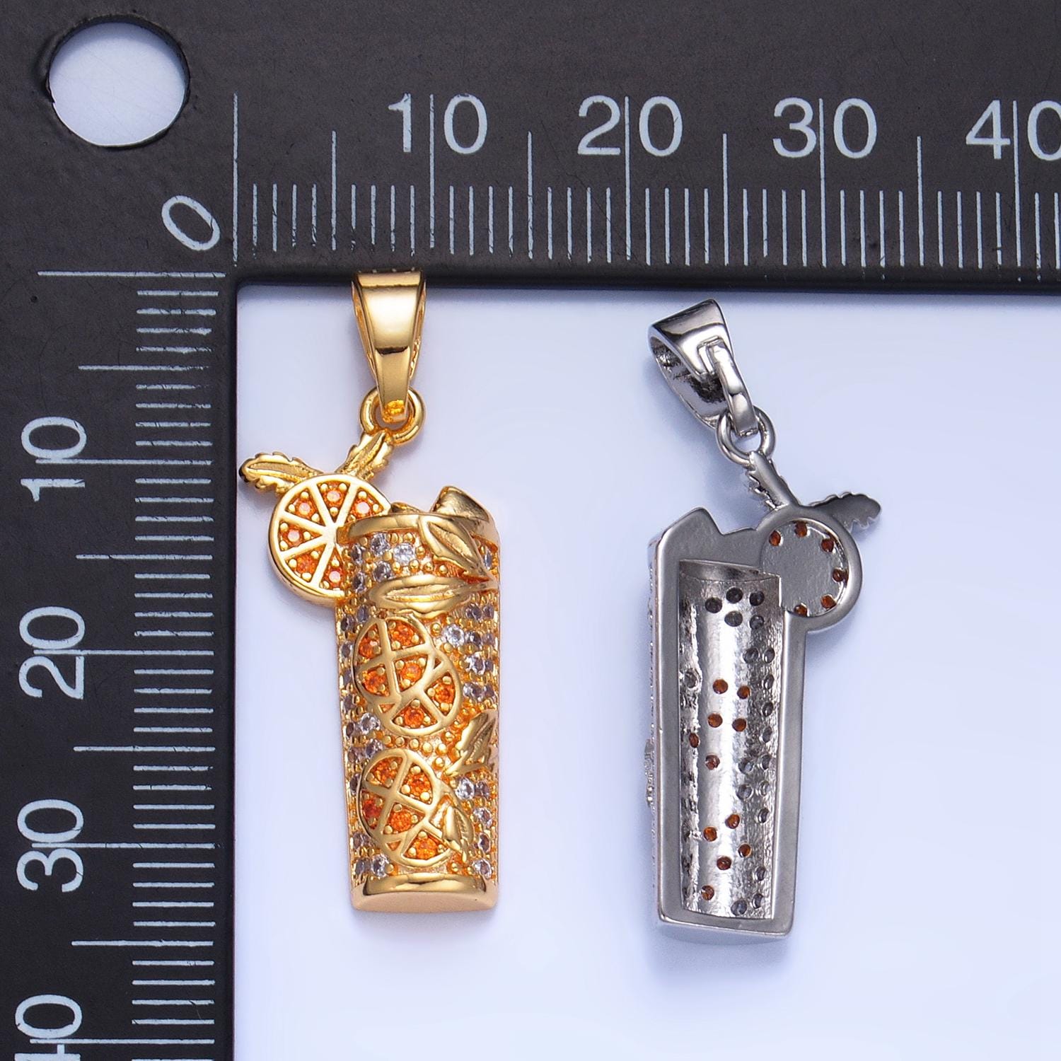 Dainty Gold Orange Juice Charm with Cz Cubic Foodies Drink Glass Micro Pave Pendant Silver Lemon Tea Pendant Drink Charm AA991