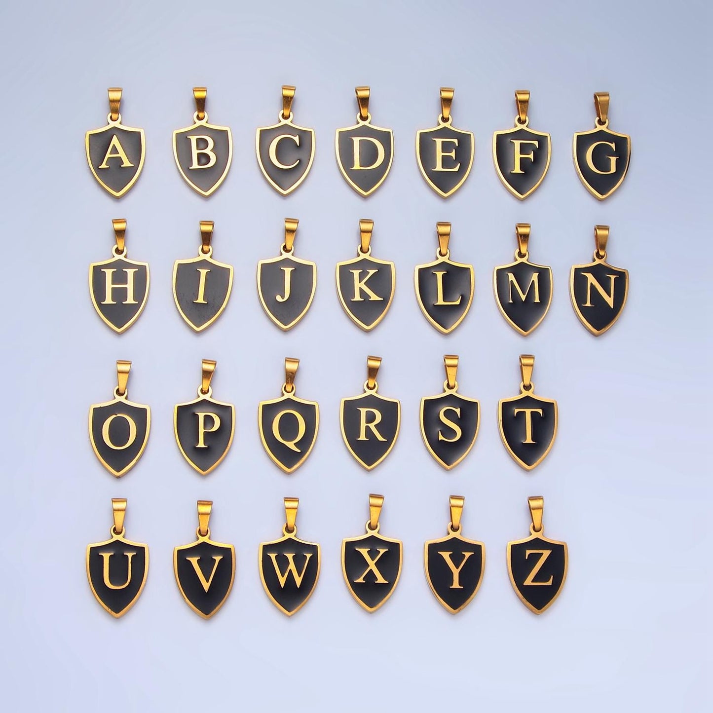 Dainty Gold Black Shield Pendant Initial Letter Shield Monogram Alphabet Medallion Charm for Personalized Jewelry in Stainless Steel A1617