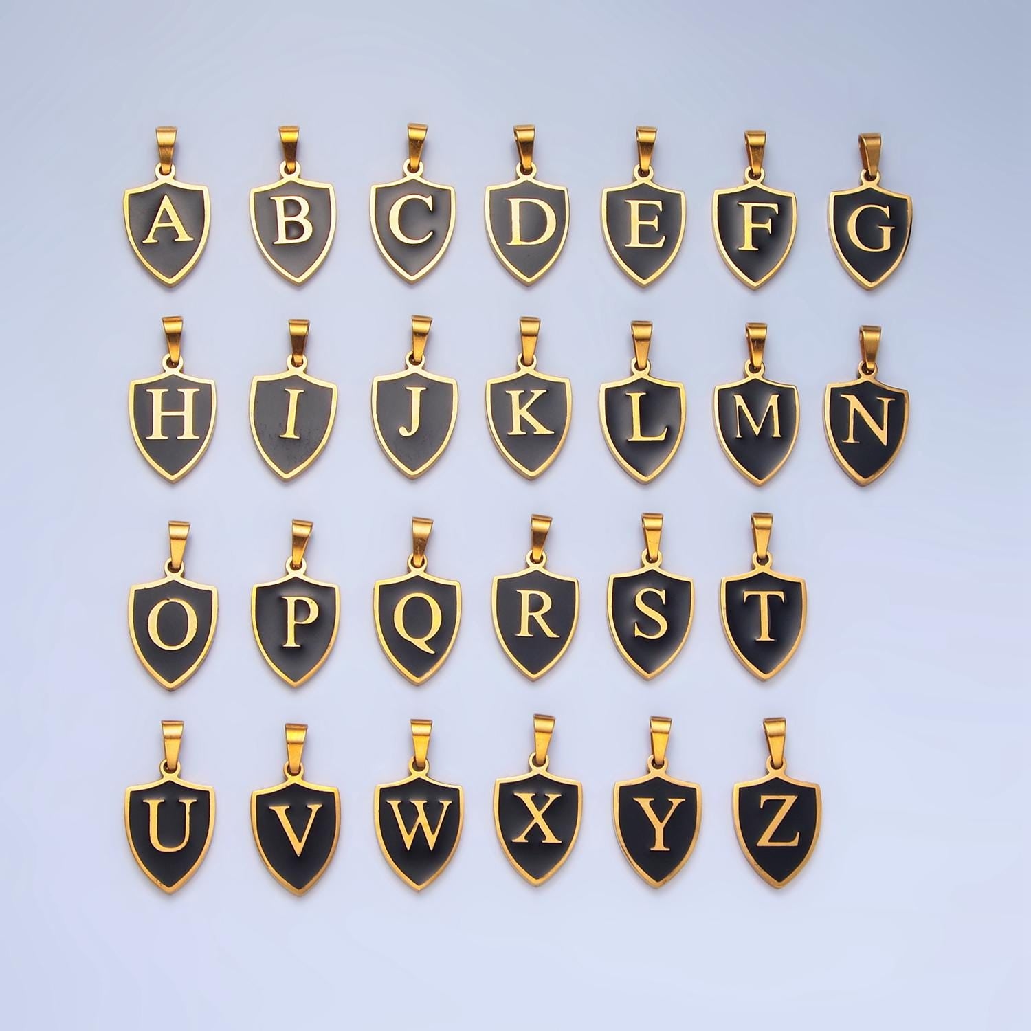 Dainty Gold Black Shield Pendant Initial Letter Shield Monogram Alphabet Medallion Charm for Personalized Jewelry in Stainless Steel A1617