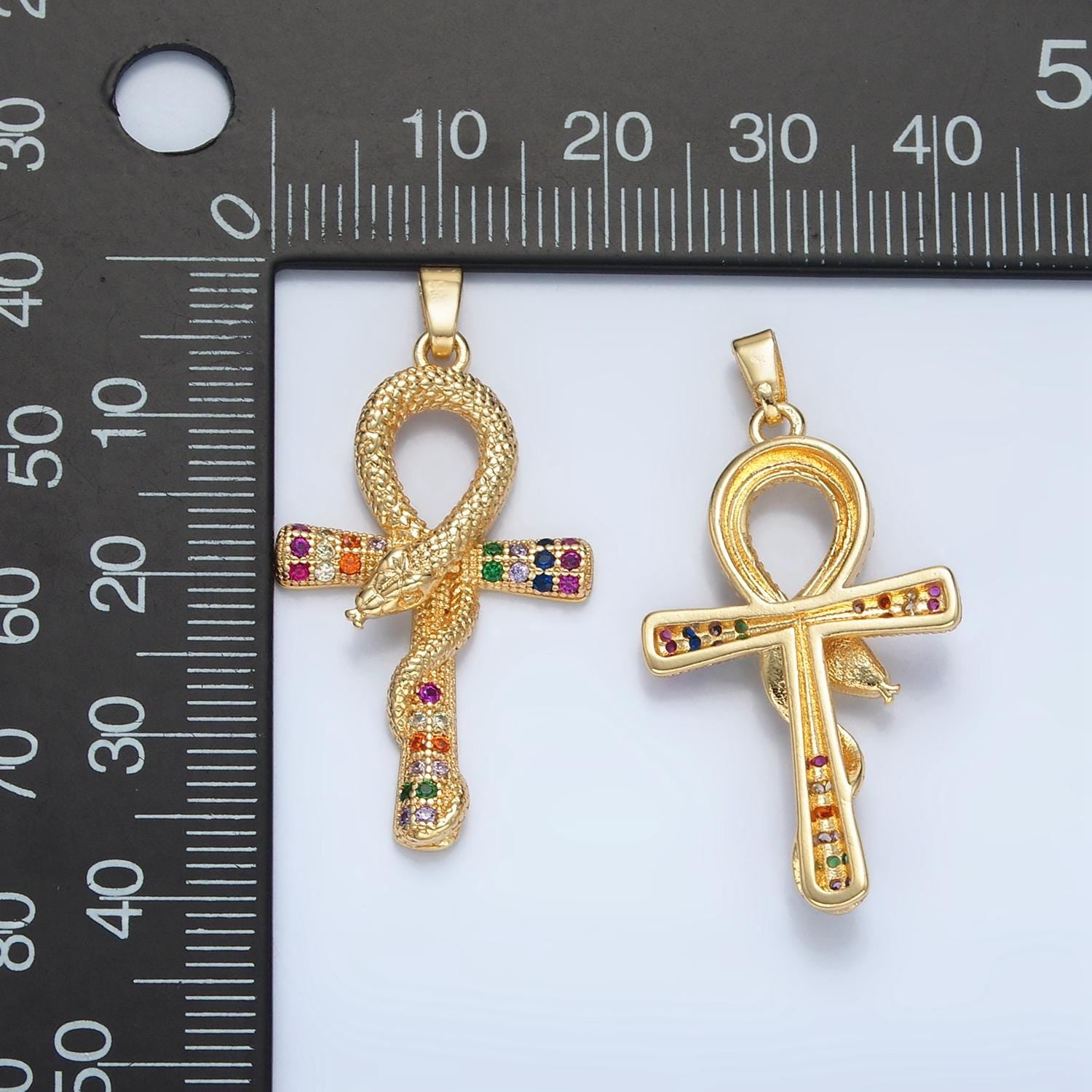 Large Ankh Gold CZ Micro Pave Cross Pendant, Snake Serpent Cubic Zirconia Charm Micro Pave Jewelry Findings J-765