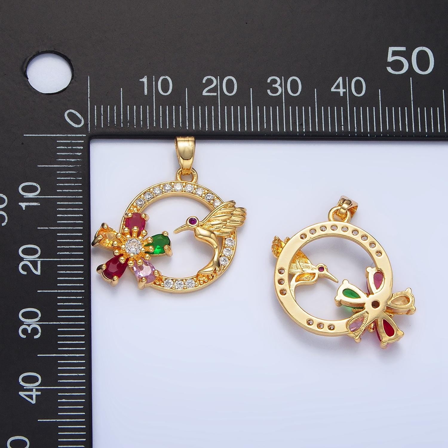 Cubic Gold Humming Bird Round Pendant Medallion Charms With CZ Flower Stones For Jewelry Making Supplies H848