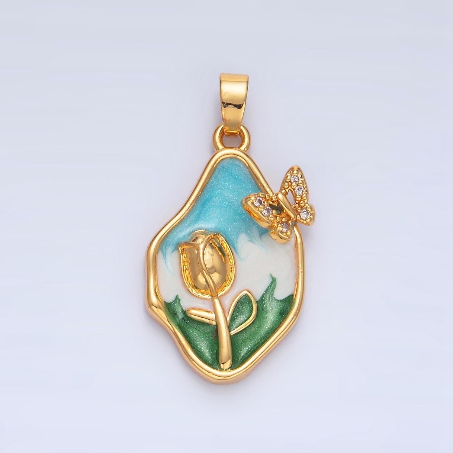 Dainty Gold Tulip Charms White, Blue Enamel Flower charm Butterfly Abstract Oval Charm Medallion for Necklace Bracelet AA799