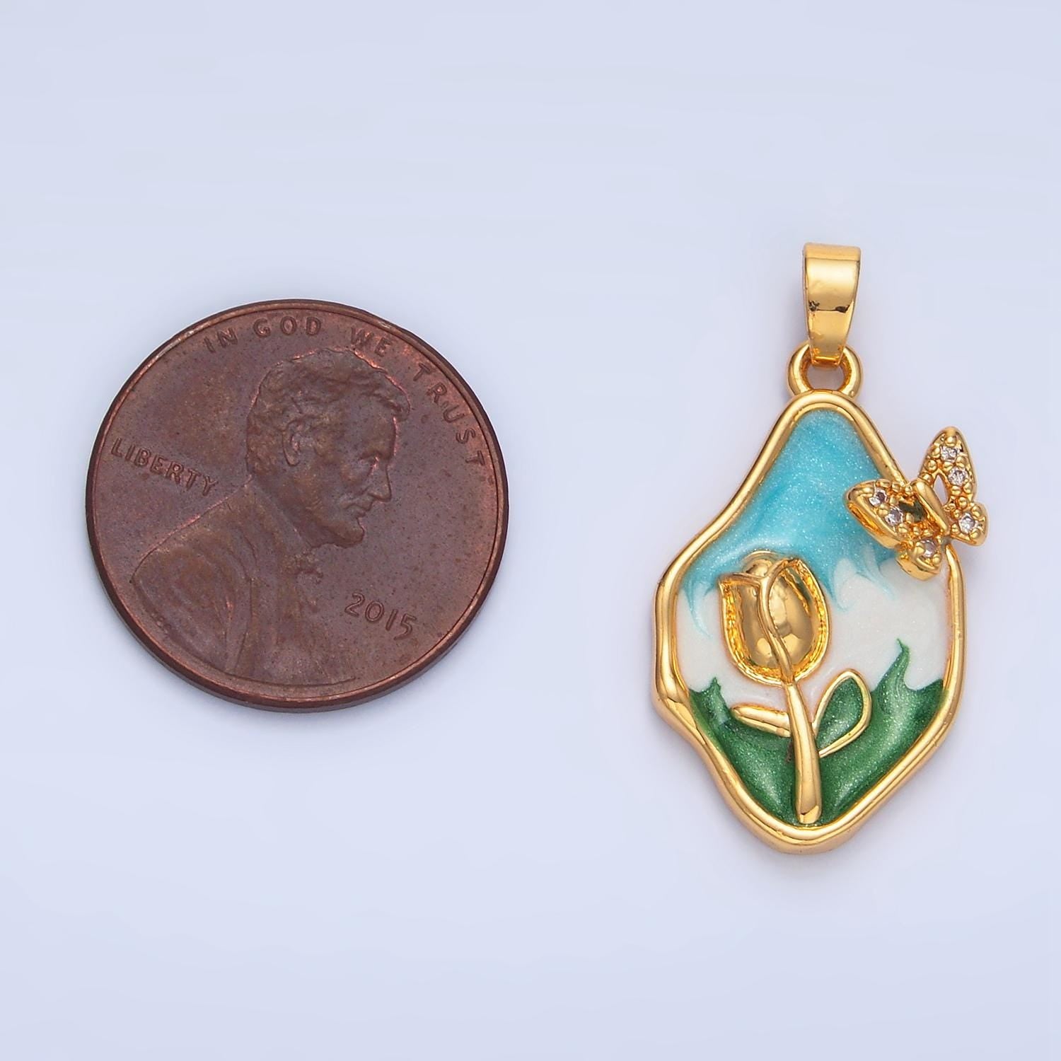 Dainty Gold Tulip Charms White, Blue Enamel Flower charm Butterfly Abstract Oval Charm Medallion for Necklace Bracelet AA799