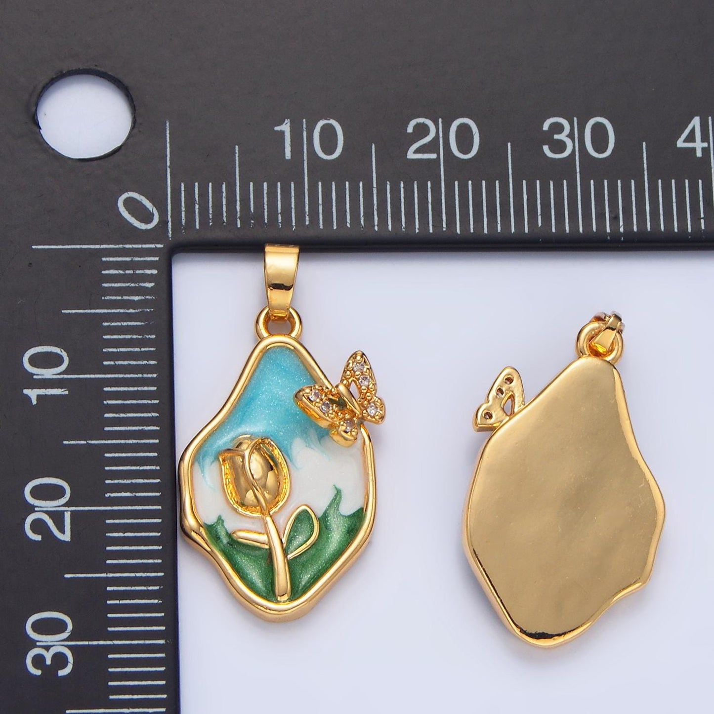Dainty Gold Tulip Charms White, Blue Enamel Flower charm Butterfly Abstract Oval Charm Medallion for Necklace Bracelet AA799