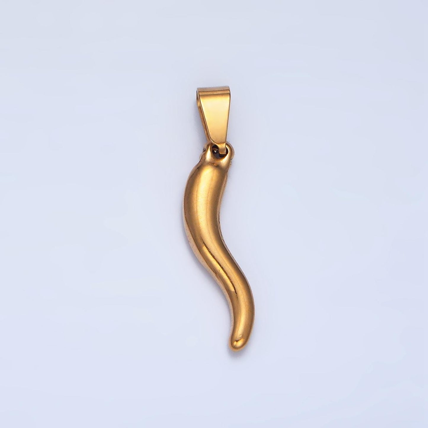Dainty Italian Horn Charm Cornecello Good Luck Protector Gold Stainless Steel Charm 21mm x 5.8mm - Gold Chili Charm P-1508