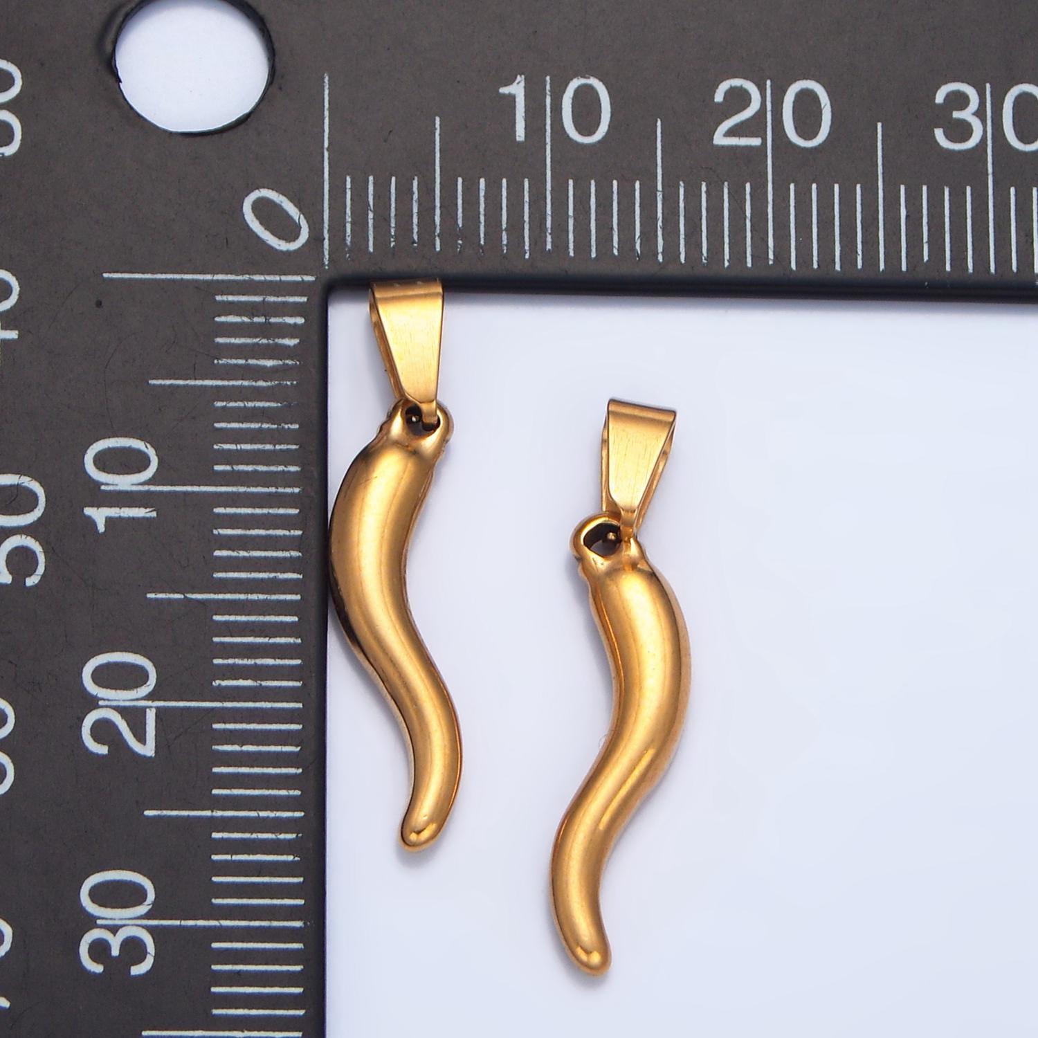 Dainty Italian Horn Charm Cornecello Good Luck Protector Gold Stainless Steel Charm 21mm x 5.8mm - Gold Chili Charm P-1508