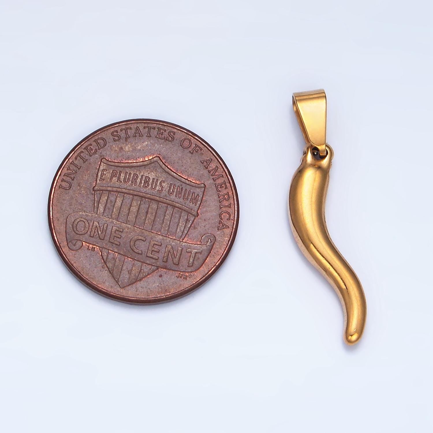 Dainty Italian Horn Charm Cornecello Good Luck Protector Gold Stainless Steel Charm 21mm x 5.8mm - Gold Chili Charm P-1508