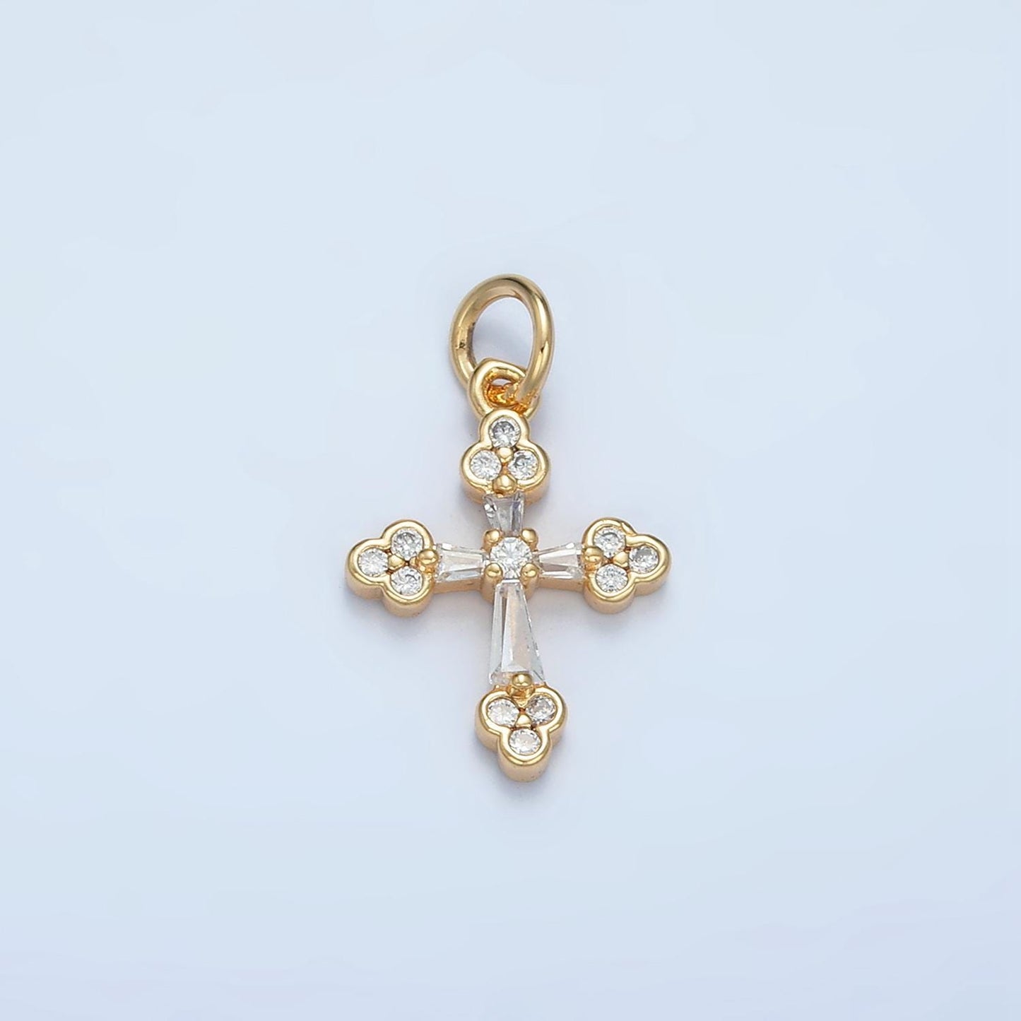Mini Baguette Cross Clear CZ Paved 24K Gold Filled Cross Charm | E-851
