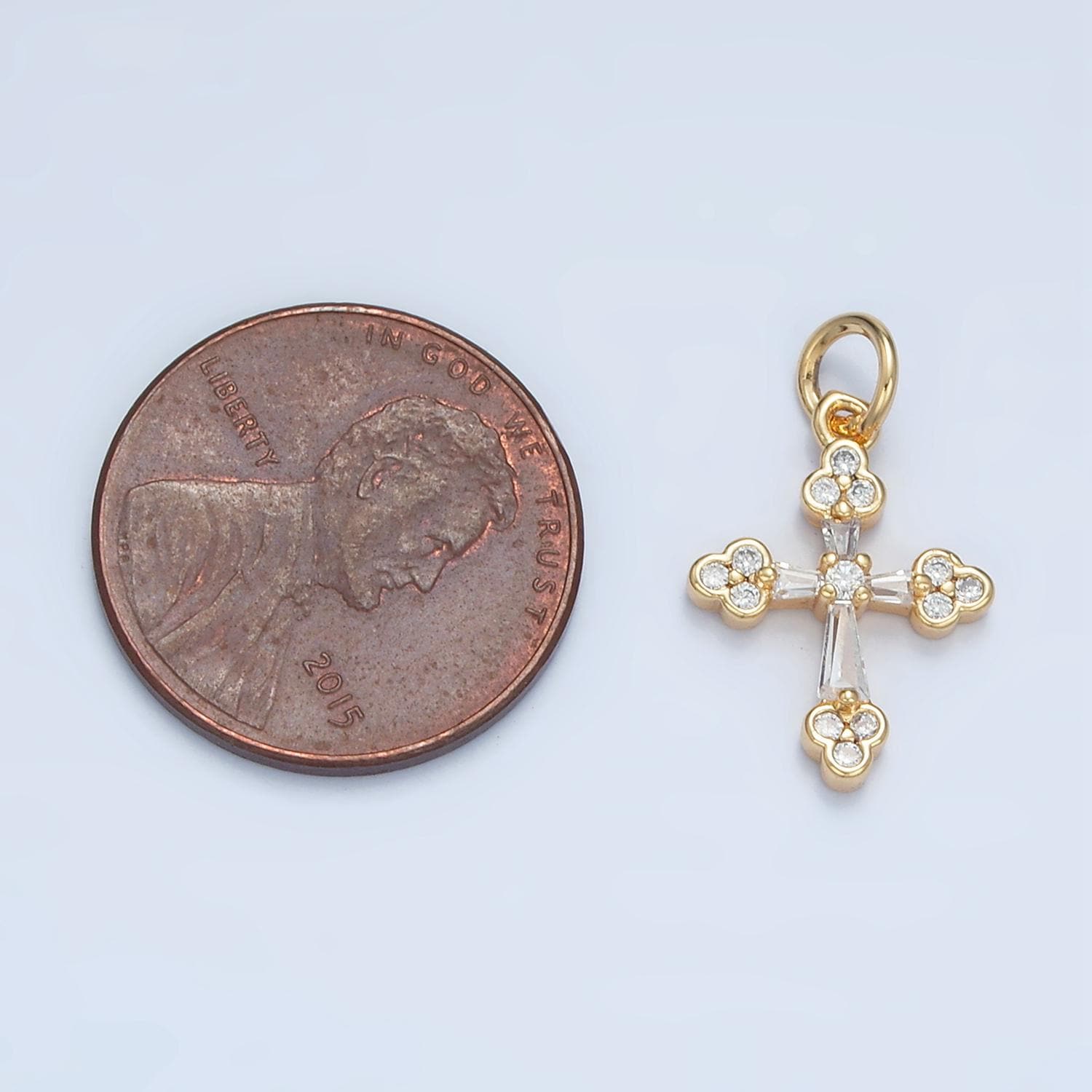 Mini Baguette Cross Clear CZ Paved 24K Gold Filled Cross Charm | E-851