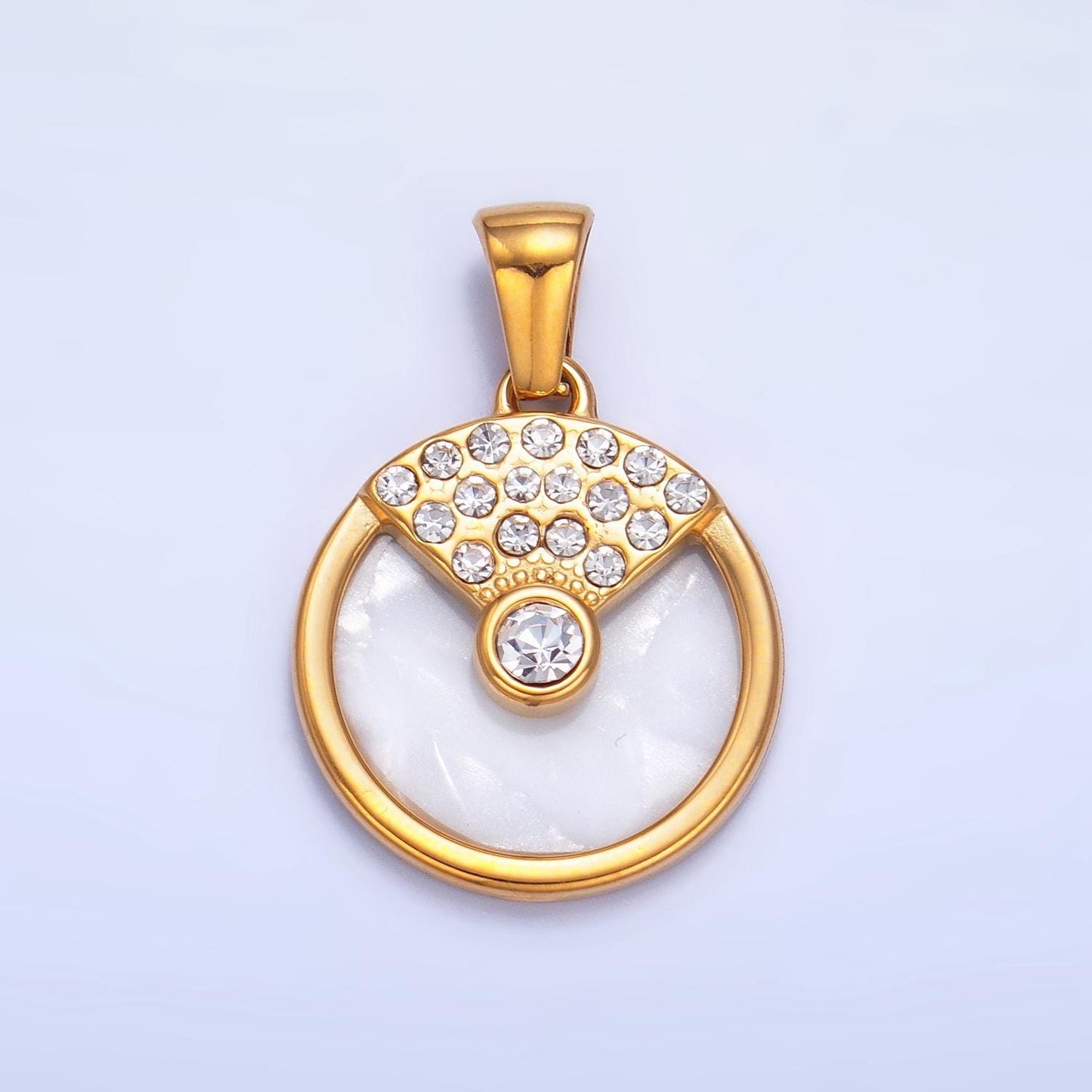 Dainty Gold 17mm Shell Pearl Round Minimalist Charm with Cz Crystal Pendant | P1542