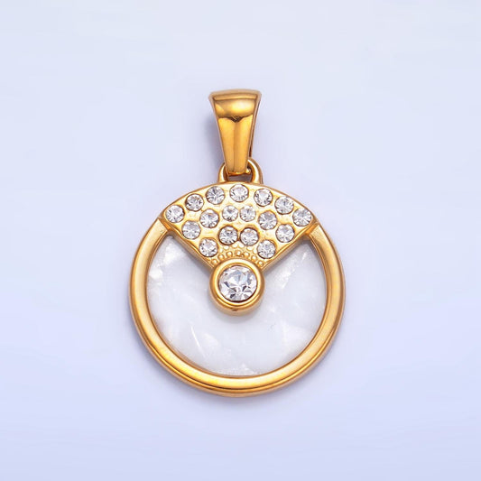Dainty Gold 17mm Shell Pearl Round Minimalist Charm with Cz Crystal Pendant | P1542