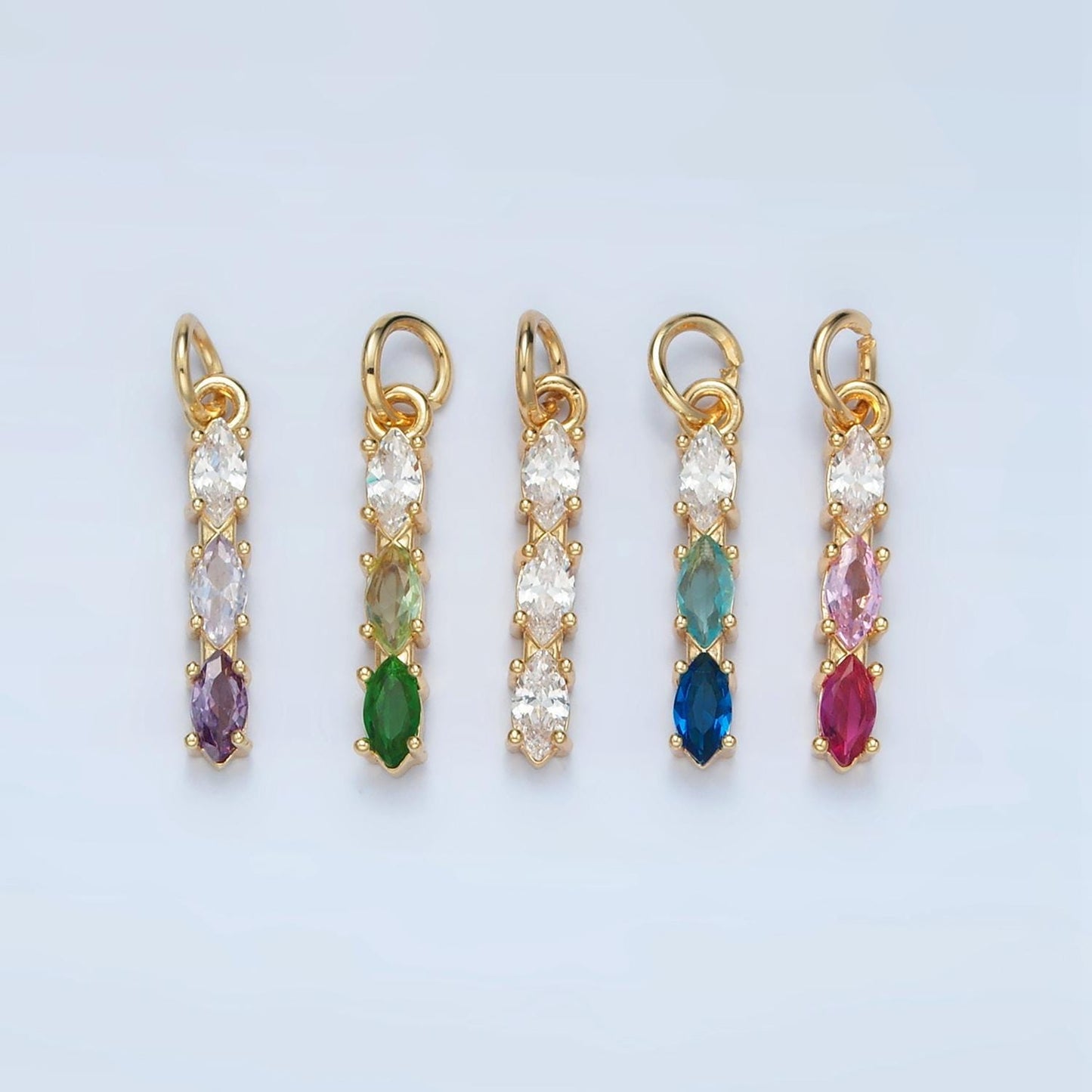 Purple, Green, Clear, Blue, Pink CZ Triple Marquise Linear Charm | X565-X567