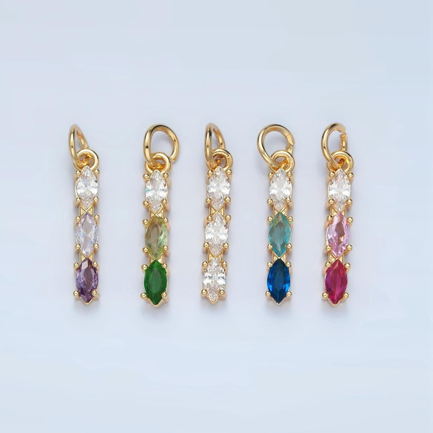 Purple, Green, Clear, Blue, Pink CZ Triple Marquise Linear Charm | X565-X567