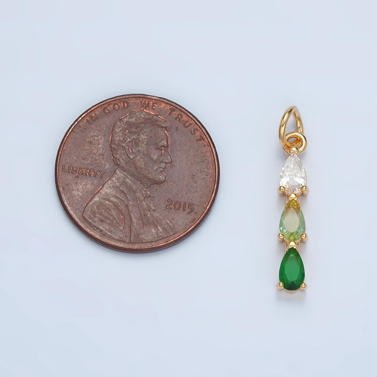 Green, Purple, Clear, Pink, Blue Triple CZ Teardrop Linear Gold Filled Charm | X573-X575