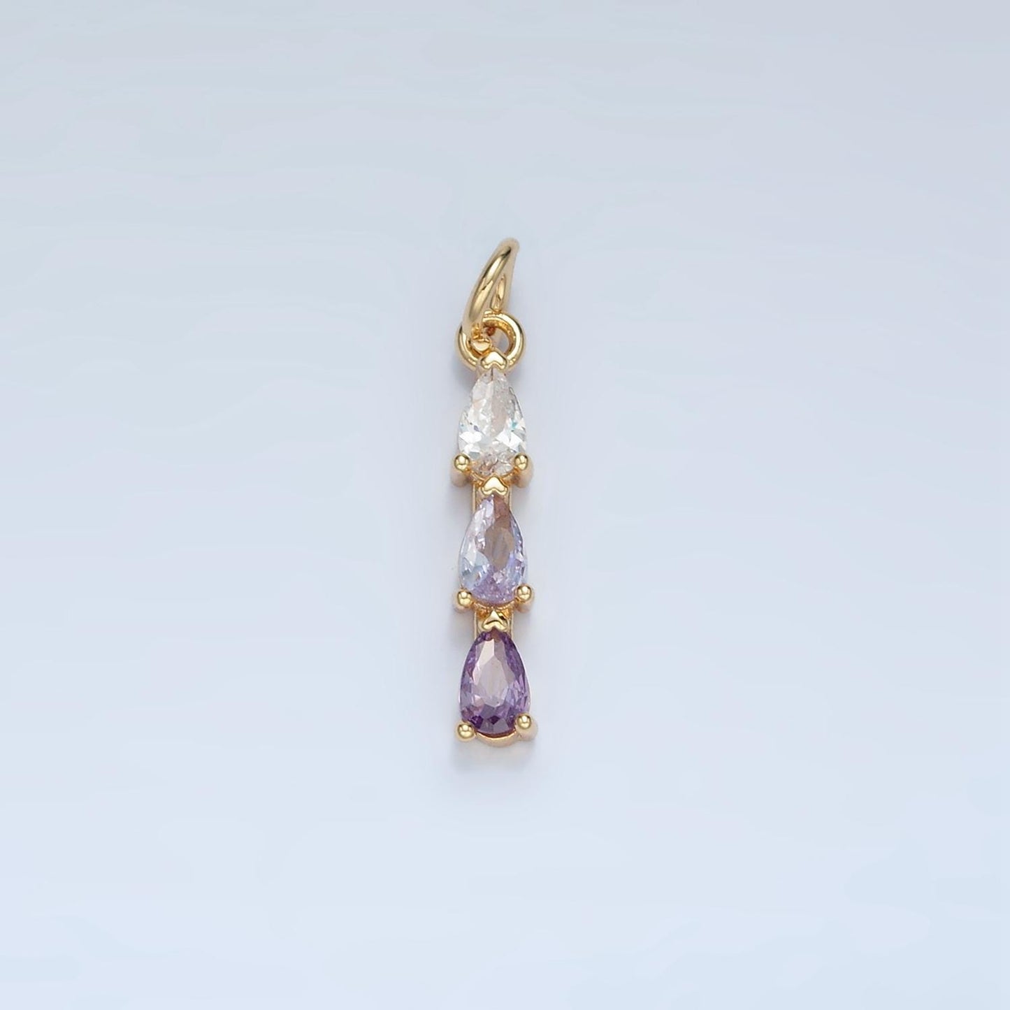 Green, Purple, Clear, Pink, Blue Triple CZ Teardrop Linear Gold Filled Charm | X573-X575