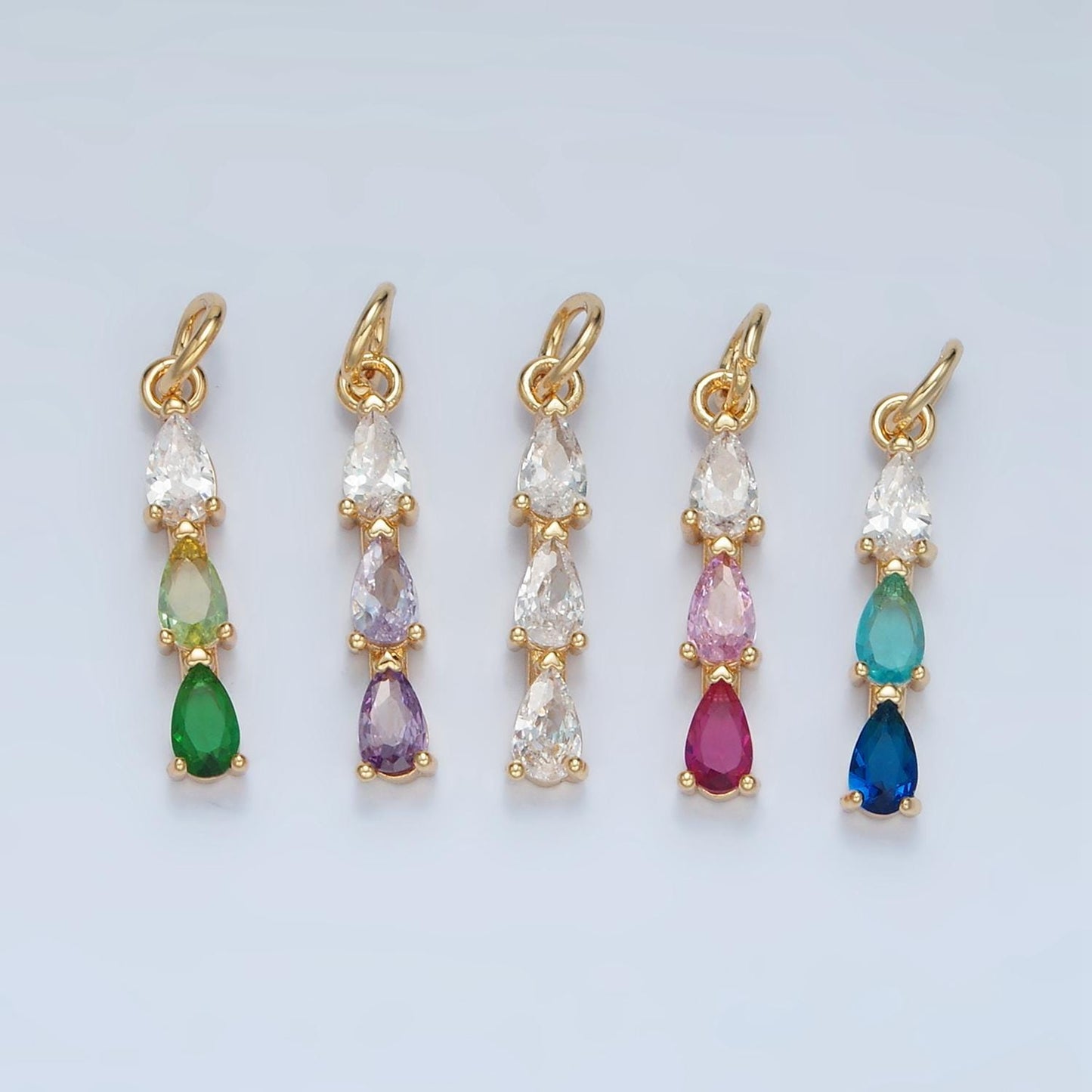 Green, Purple, Clear, Pink, Blue Triple CZ Teardrop Linear Gold Filled Charm | X573-X575