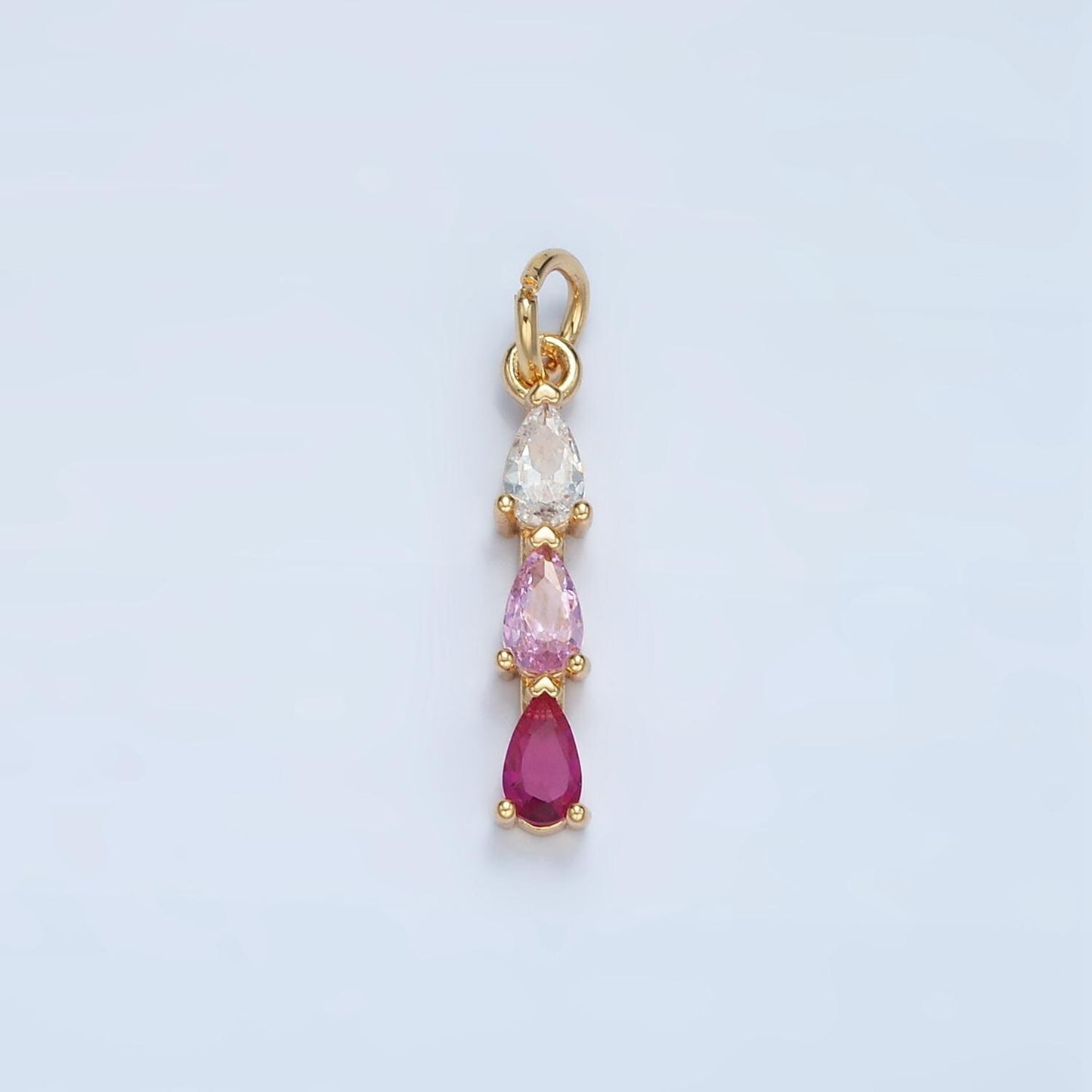 Green, Purple, Clear, Pink, Blue Triple CZ Teardrop Linear Gold Filled Charm | X573-X575