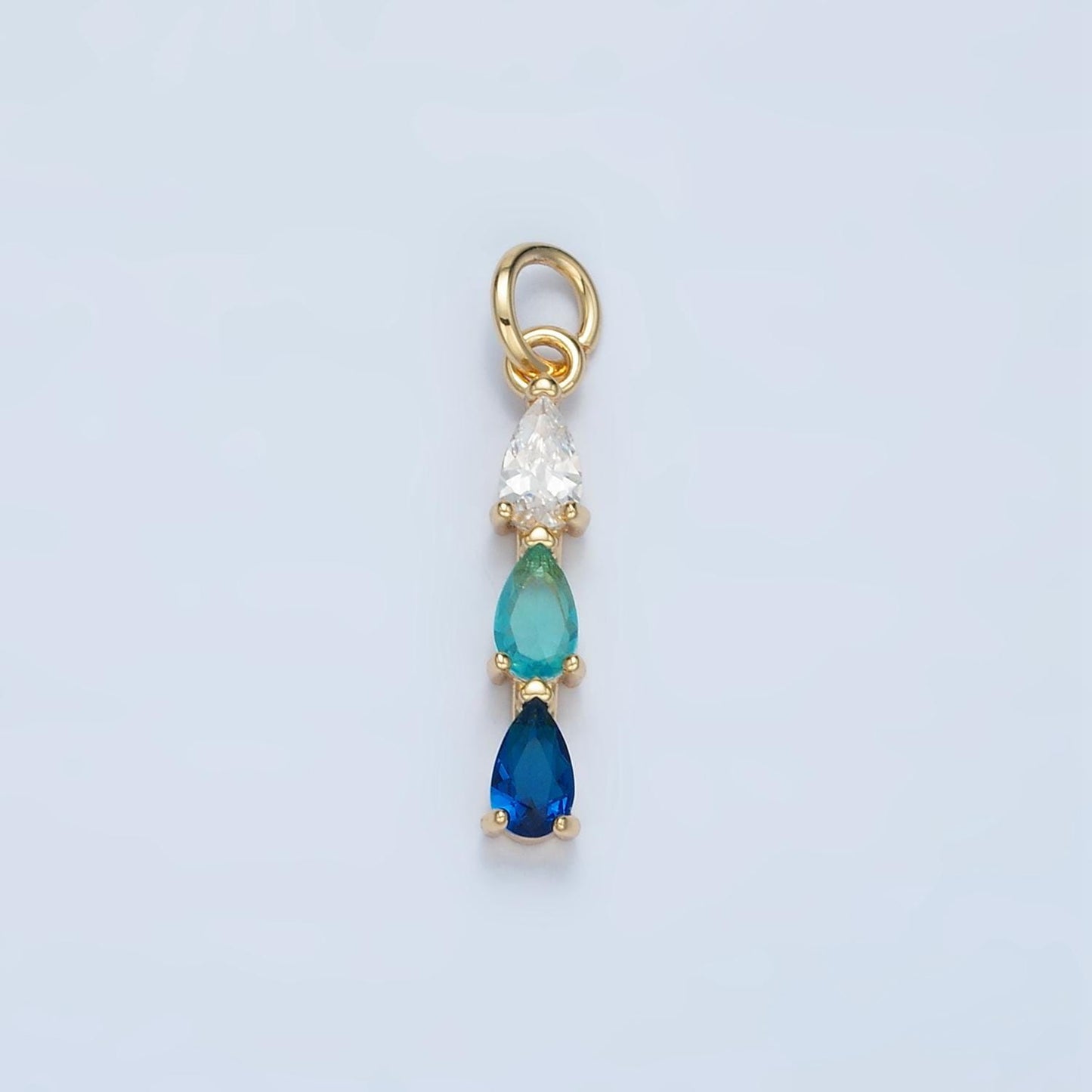 Green, Purple, Clear, Pink, Blue Triple CZ Teardrop Linear Gold Filled Charm | X573-X575