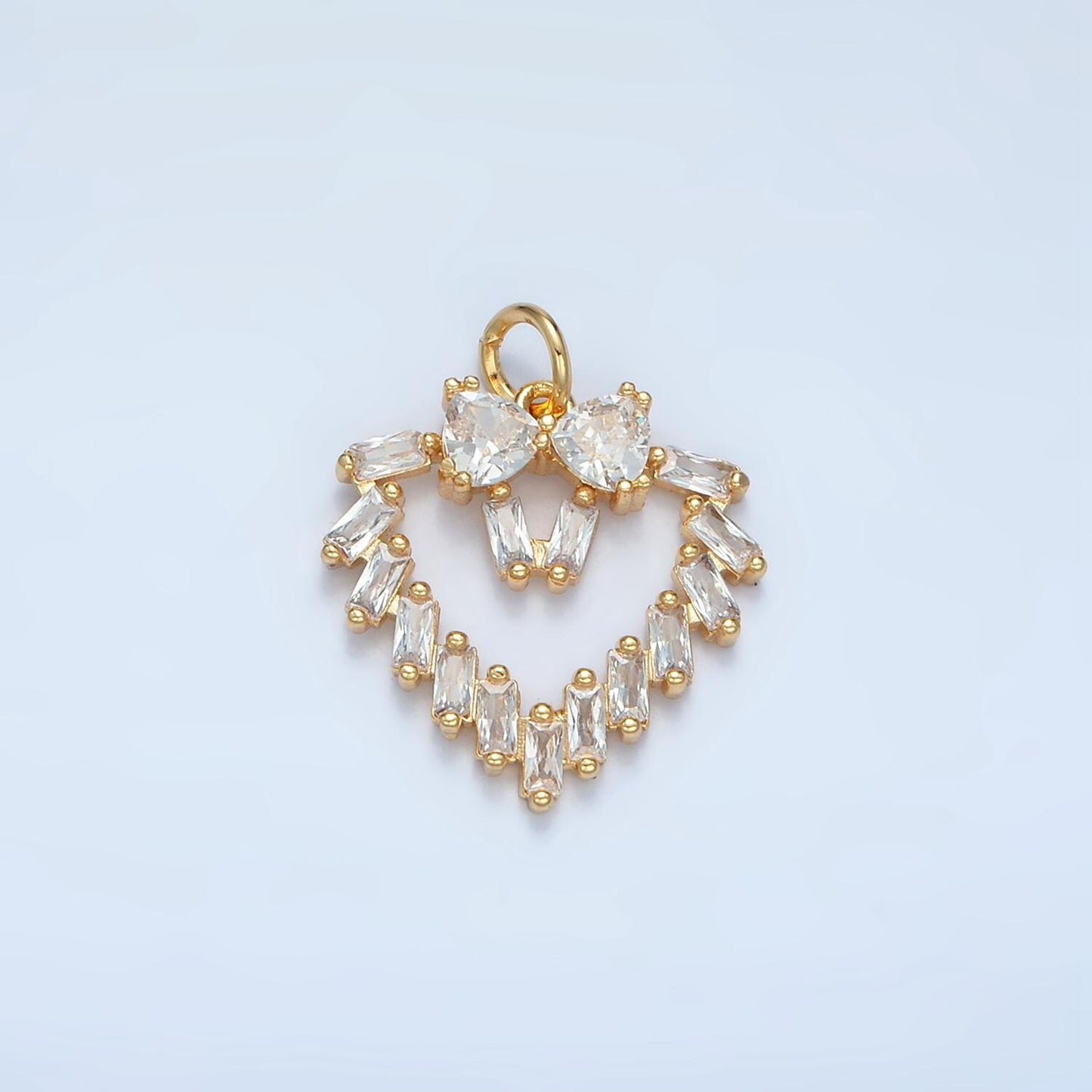Open Baguette CZ Heart with CZ Bow Gold Filled Charm | E-736