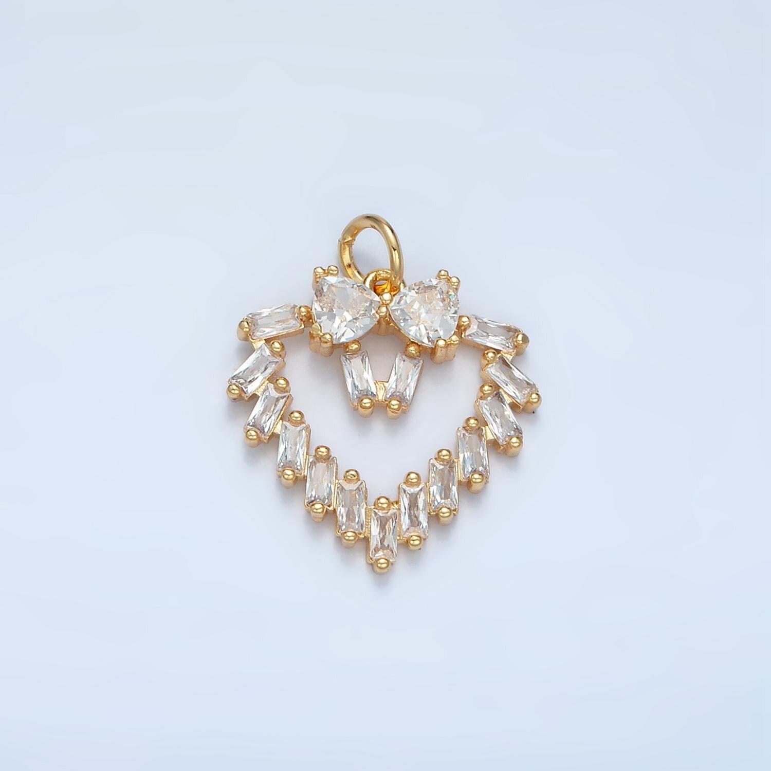 Open Baguette CZ Heart with CZ Bow Gold Filled Charm | E-736