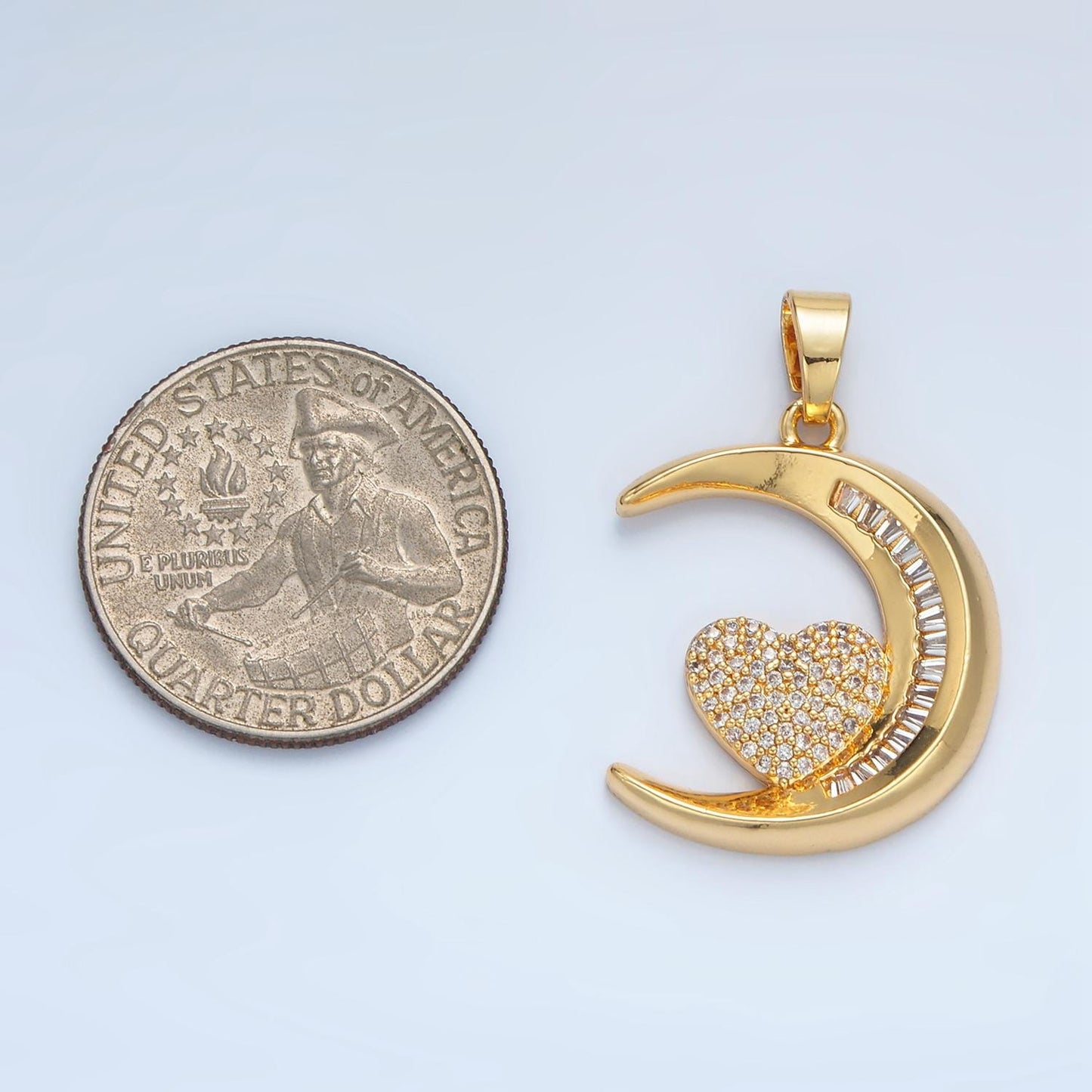 Baguette CZ Moon & Micro Paved CZ Heart, 24K Gold Filled Celestial Charm | AA-871
