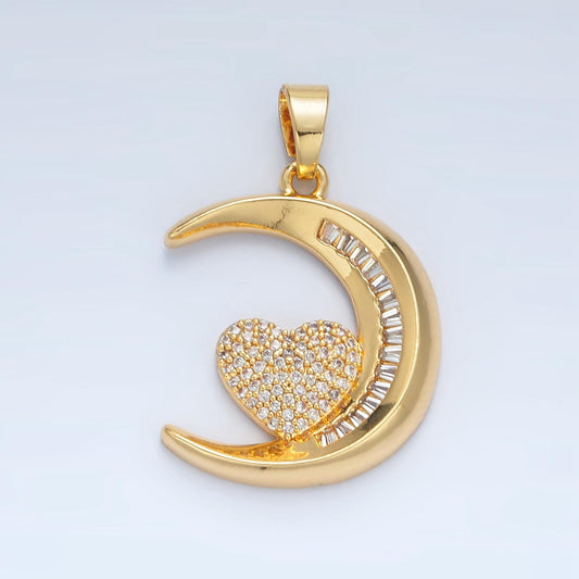 Baguette CZ Moon & Micro Paved CZ Heart, 24K Gold Filled Celestial Charm | AA-871
