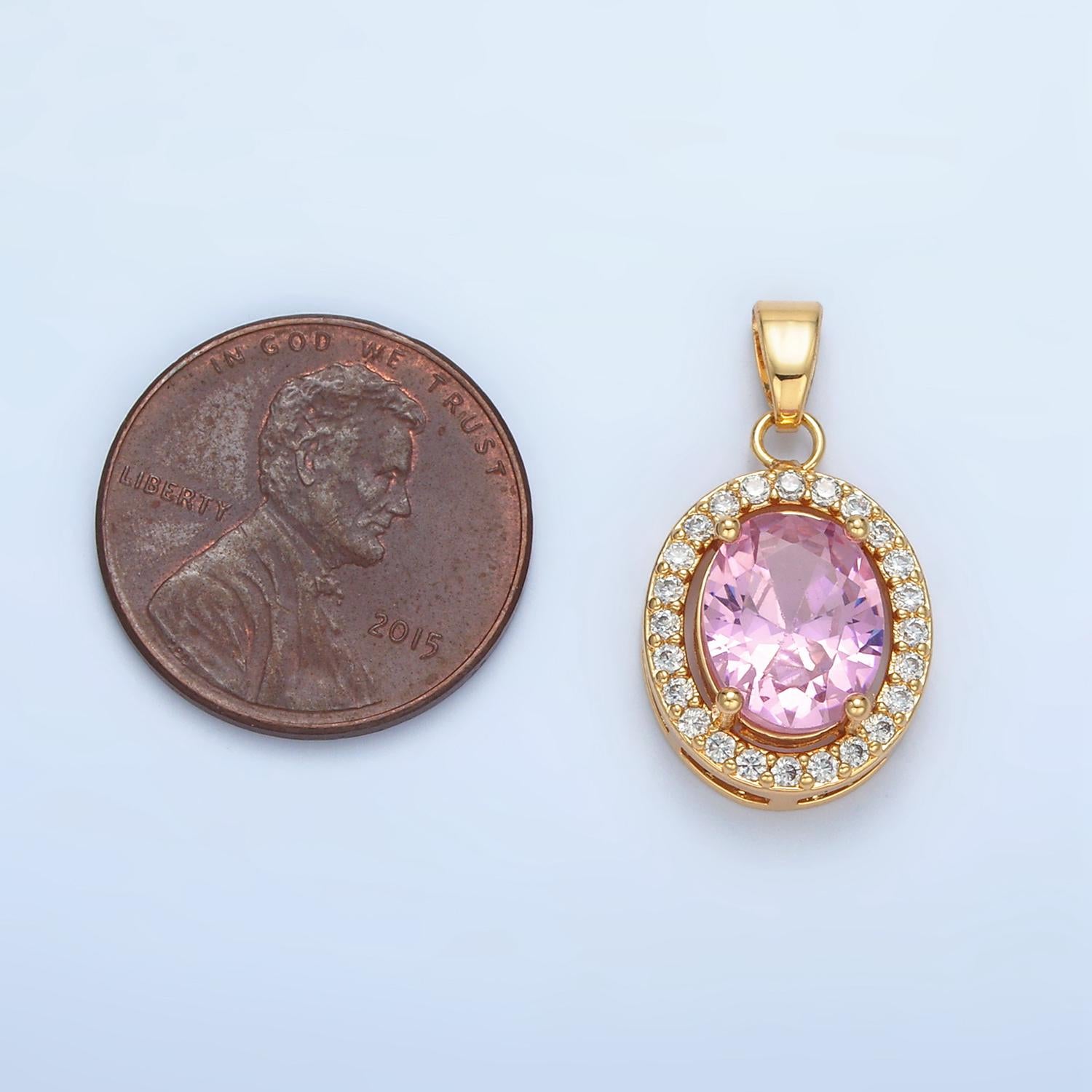 Clear, Green, Blue, Pink CZ Oval Micro Paved CZ, 24K Gold Filled Pendant | AA880-AA881