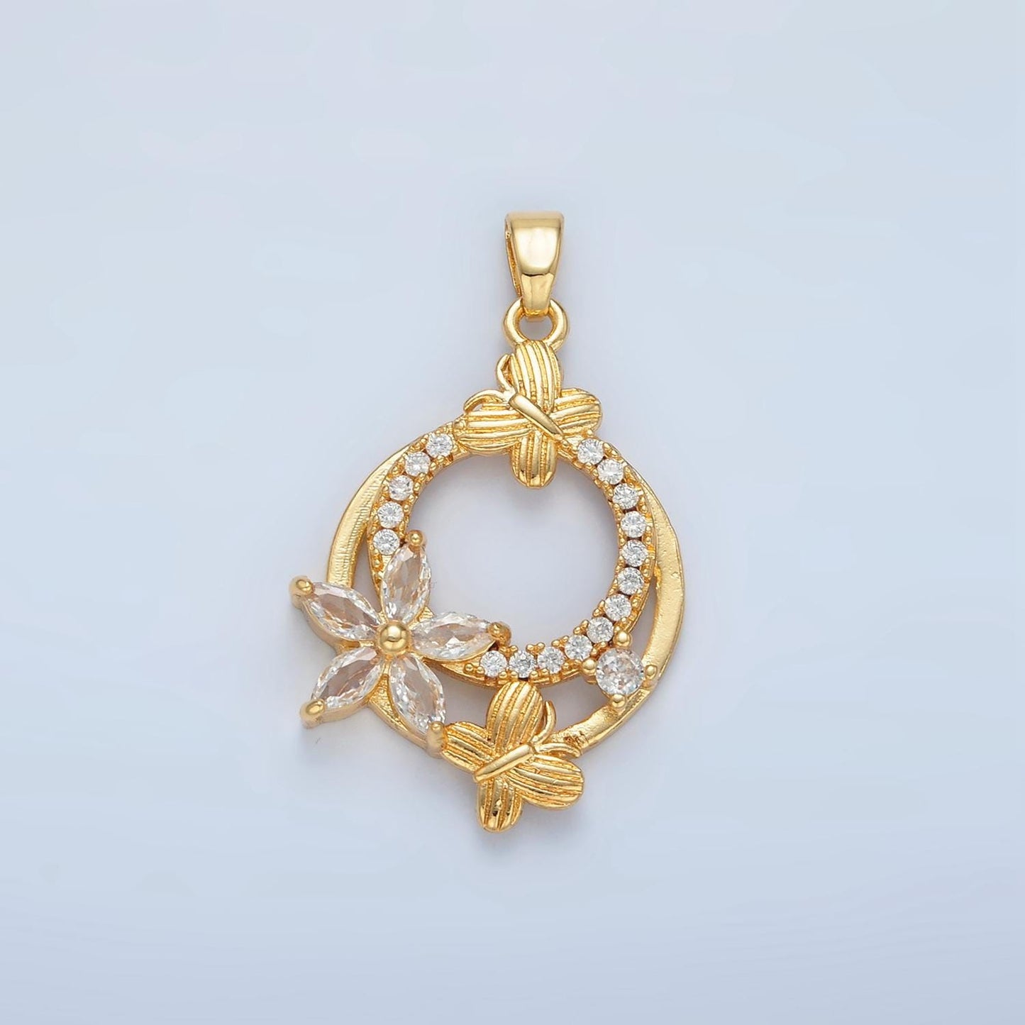 Open Wreath Butterfly & Flower CZ Paved, 24K Gold Filled Charm | AA-892