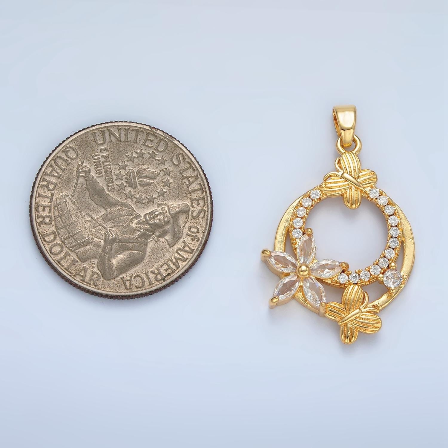 Open Wreath Butterfly & Flower CZ Paved, 24K Gold Filled Charm | AA-892