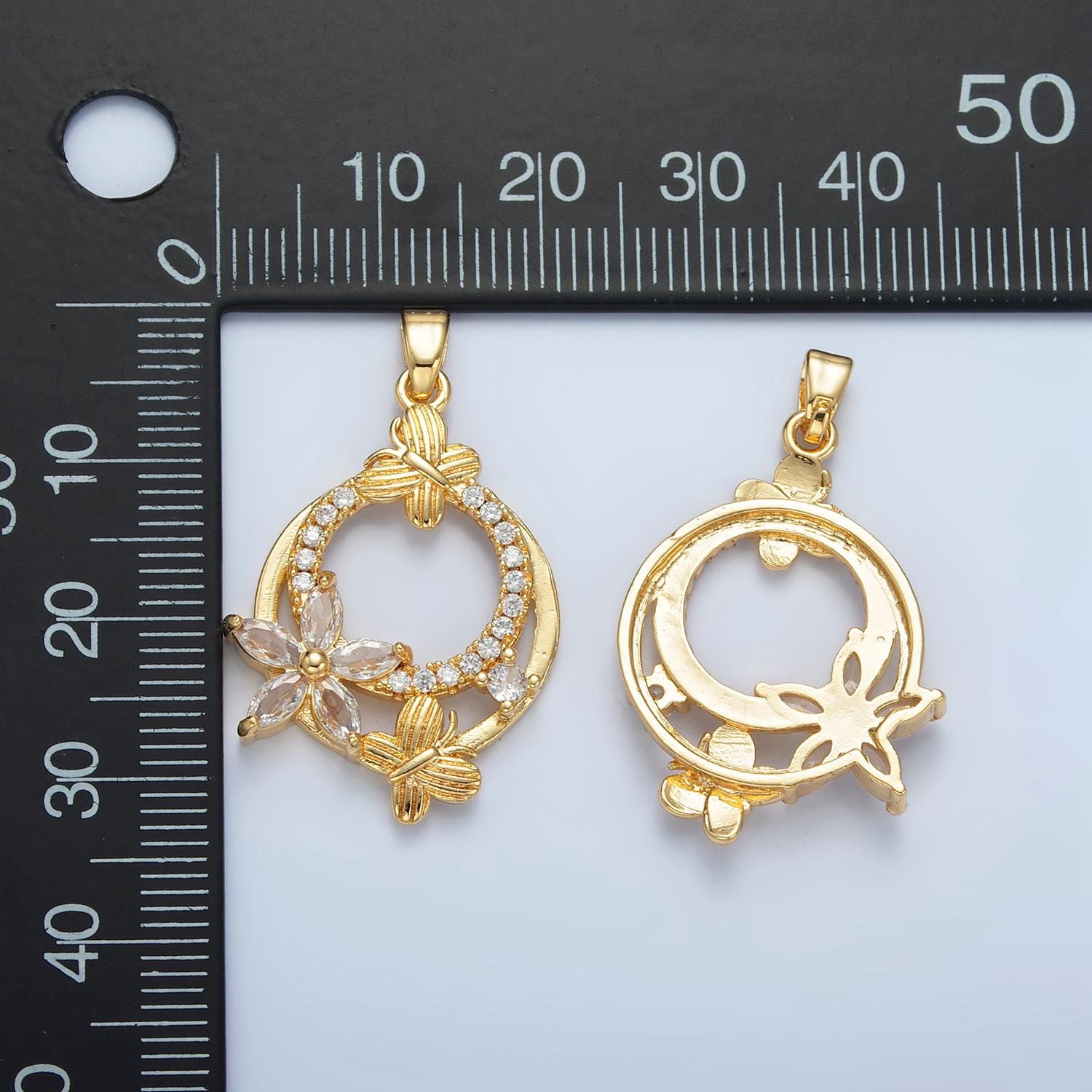 Open Wreath Butterfly & Flower CZ Paved, 24K Gold Filled Charm | AA-892