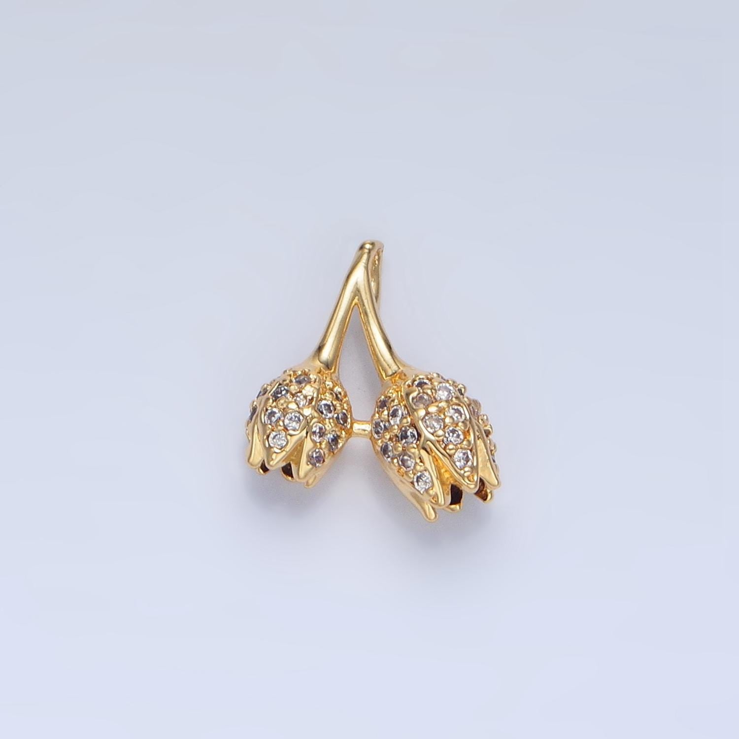 Mini Double Stem Tulip Micro Paved Clear CZ, 24K Gold Filled Floral Charm| AA-122
