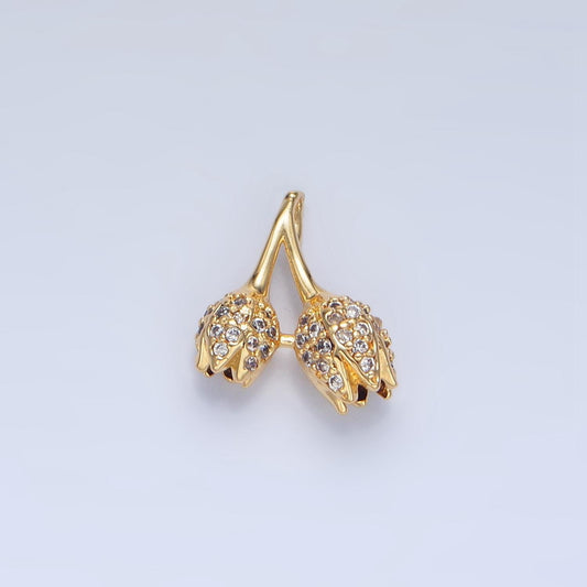 Mini Double Stem Tulip Micro Paved Clear CZ, 24K Gold Filled Floral Charm| AA-122